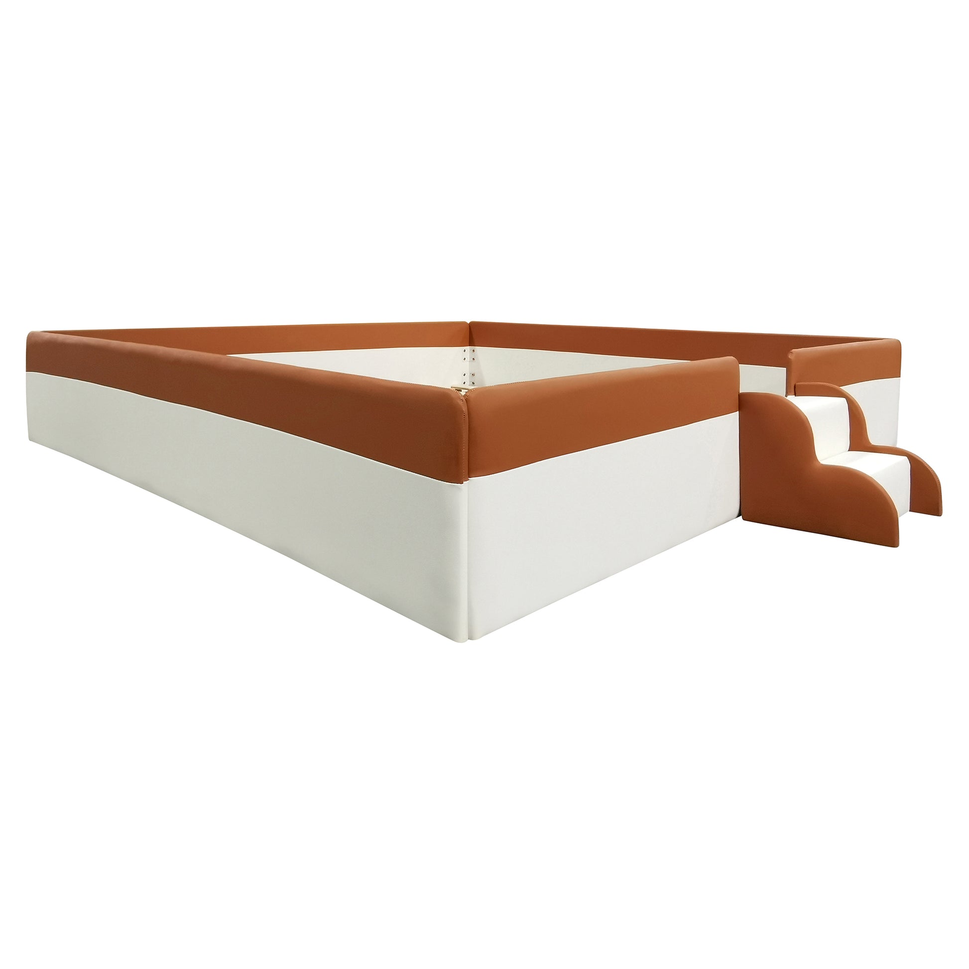 King Size Upholstered Daybed Frame With Fence And Stairs, Brown White King Brown White Mdf Lvl