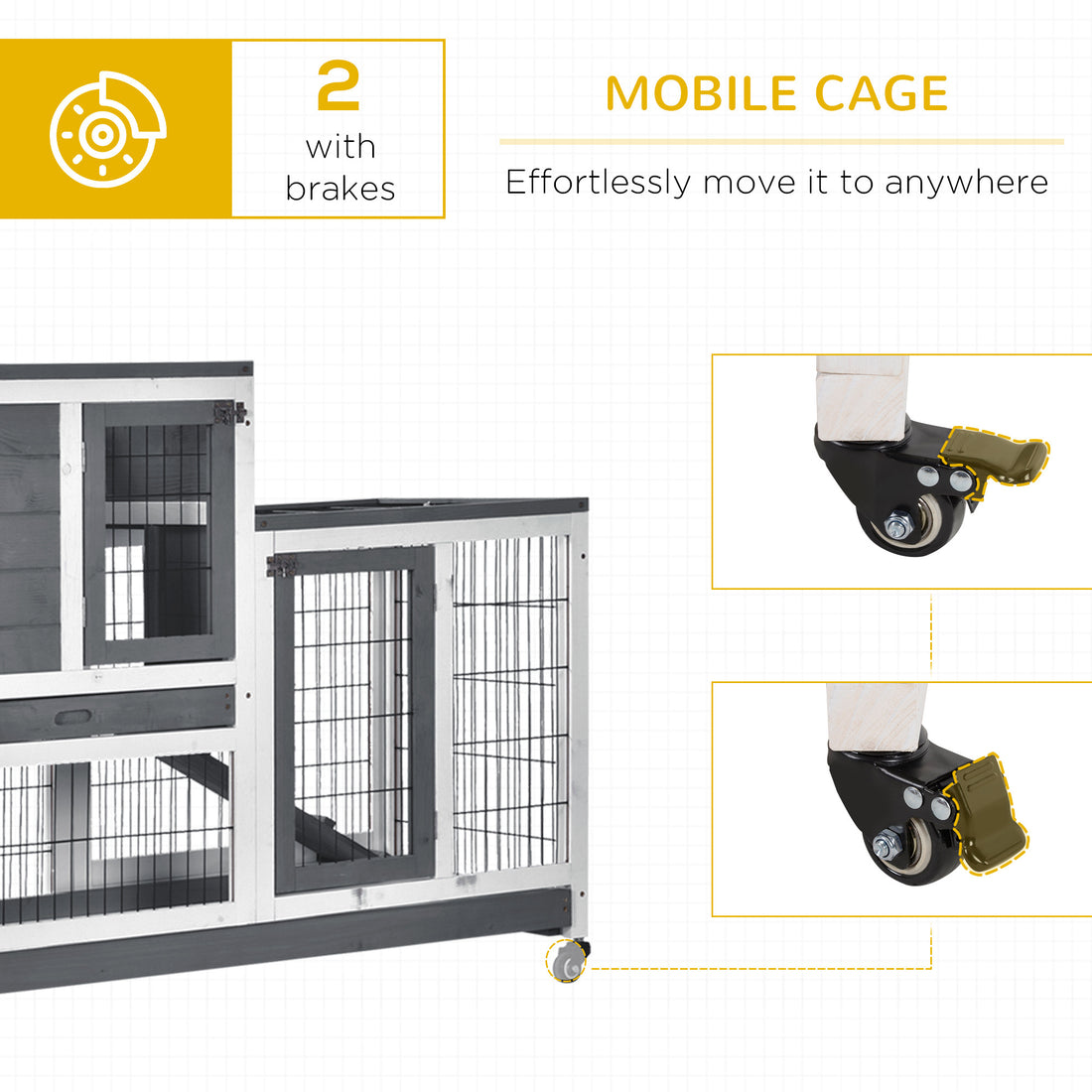 Pawhut Wooden Rabbit Hutch Elevated Bunny Cage Indoor Small Animal Habitat With Enclosed Run With Wheels, Ramp, Removable Tray Ideal For Guinea Pigs, Grey Grey White Wood