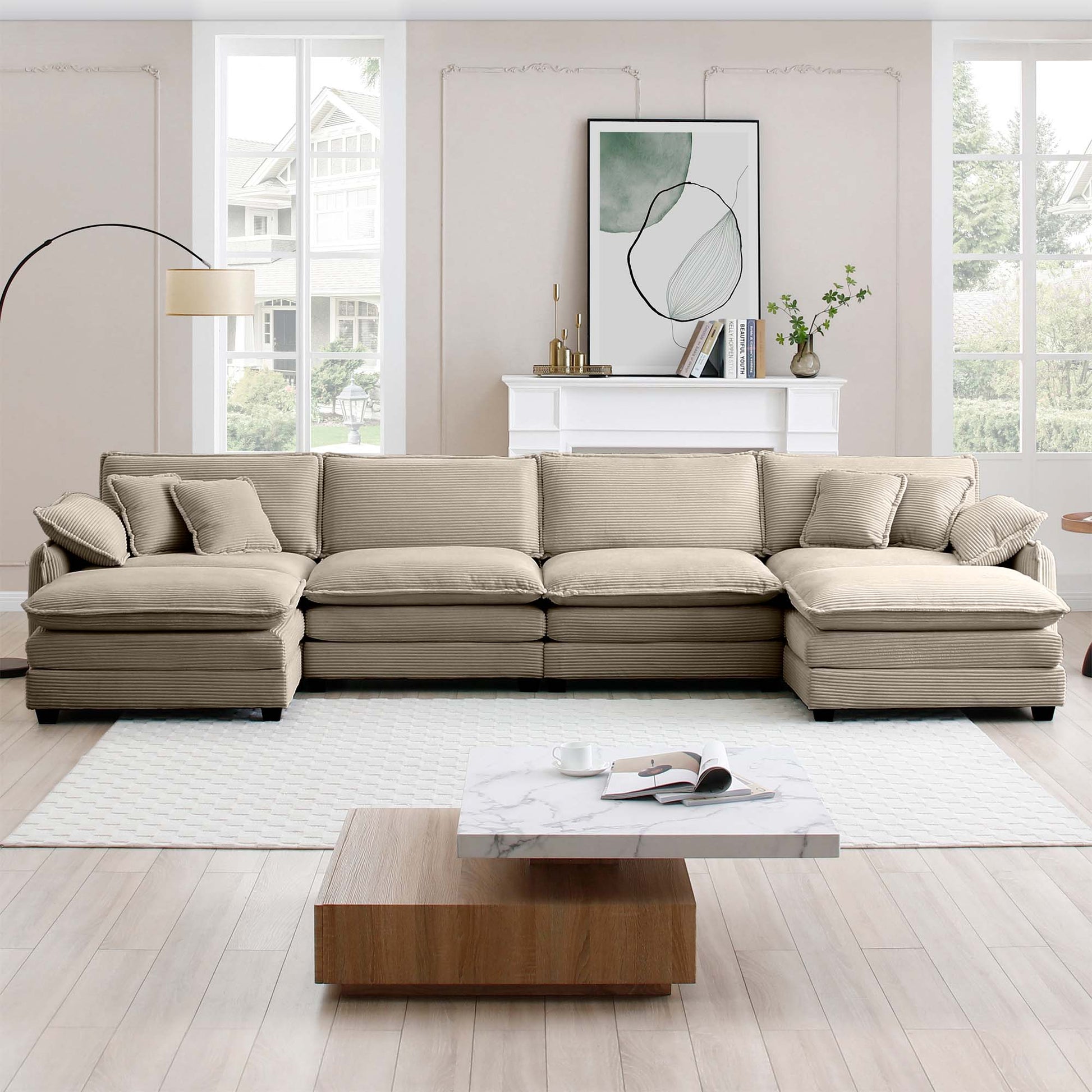 Over Size U Shape Corduroy Sofamodern Upholstered 4 Seater Sofa With 2 Ottomans, Premium Soft Corduroy Fabric Sofa Camel Corduroy 4 Seat
