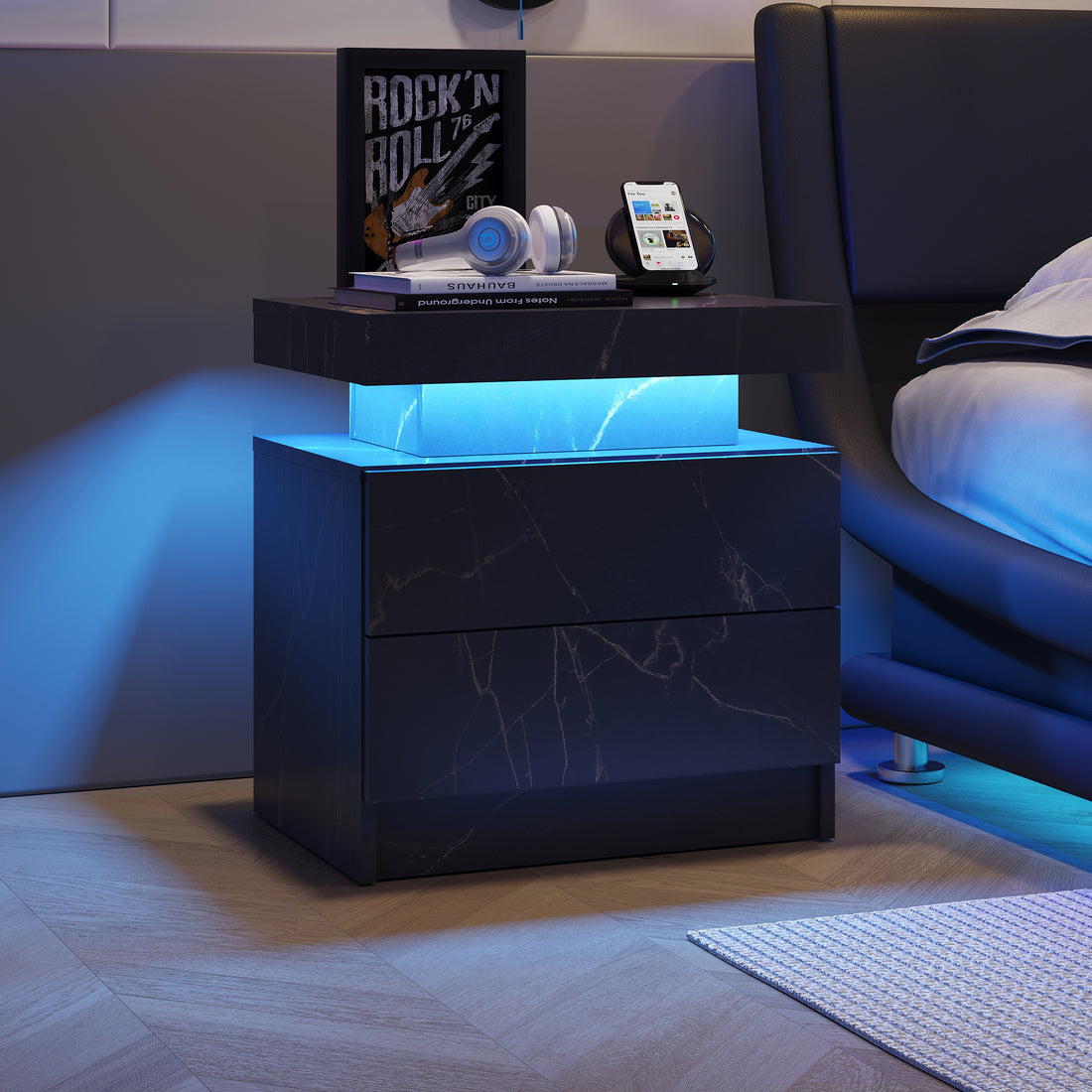 Nightstand Led Bedside Table Cabinet Lights Modern End Side With 2 Drawers For Bedroom Black Gold Black Gold 2 Drawers Bedroom Bedside Cabinet American Design,American Traditional,Boho,Casual,Classic Drawers Engineered Wood