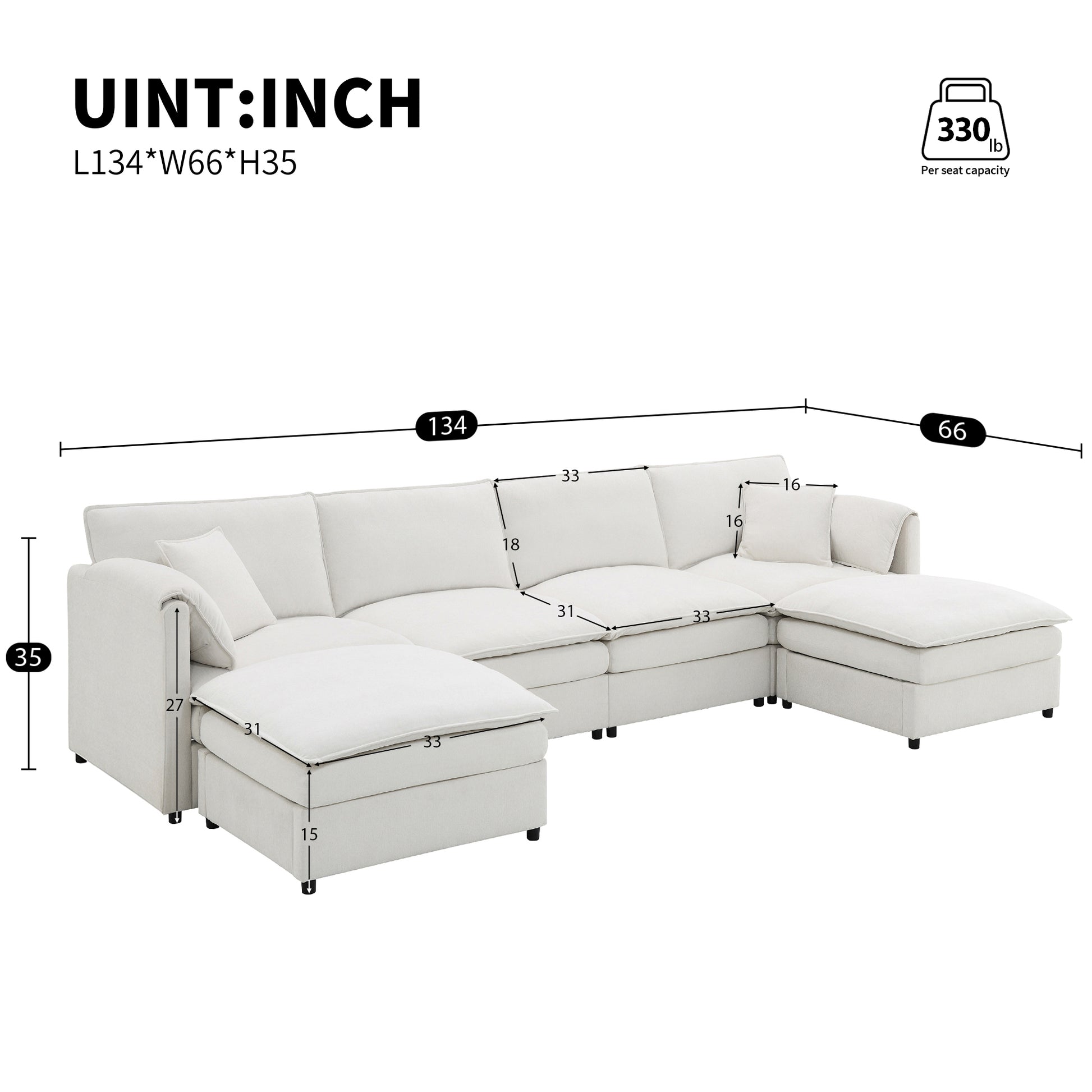 134*66" Chenille Modular Sectional Sofa,U Shaped Cloud Couch Set With Double Cushions ,6 Seat Sleeper Sofa Bed With Ottomans,Oversized Indoor Furniture For Living Room, 3 Colors Cream Chenille 6