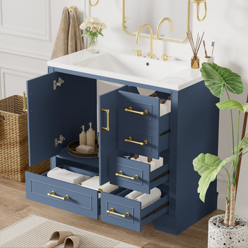 36 Inch Traditional Bathroom Vanity With Resin Sink Combo Set, Blue Bathroom Cabinet With Two Doors And Four Drawers Blue Bathroom Solid Wood Mdf Resin