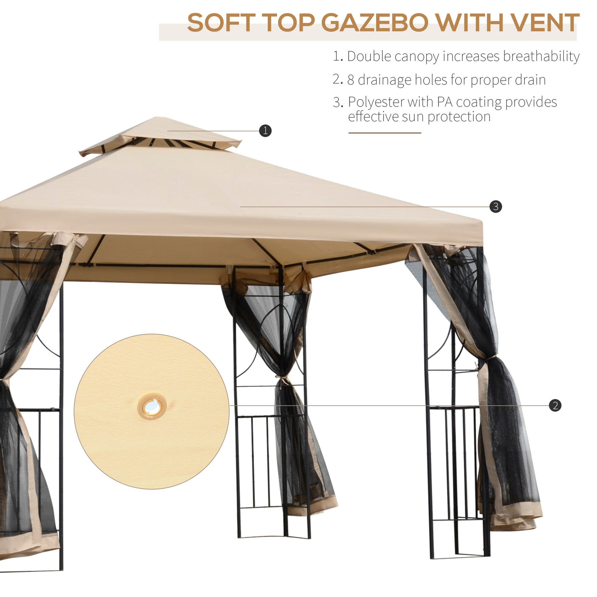 Outsunny 10' X 10' Patio Gazebo With Corner Shelves, Outdoor Gazebo Canopy Shelter With Netting, And Vented Roof, For Garden, Lawn, Backyard And Deck Multicolor Polyester