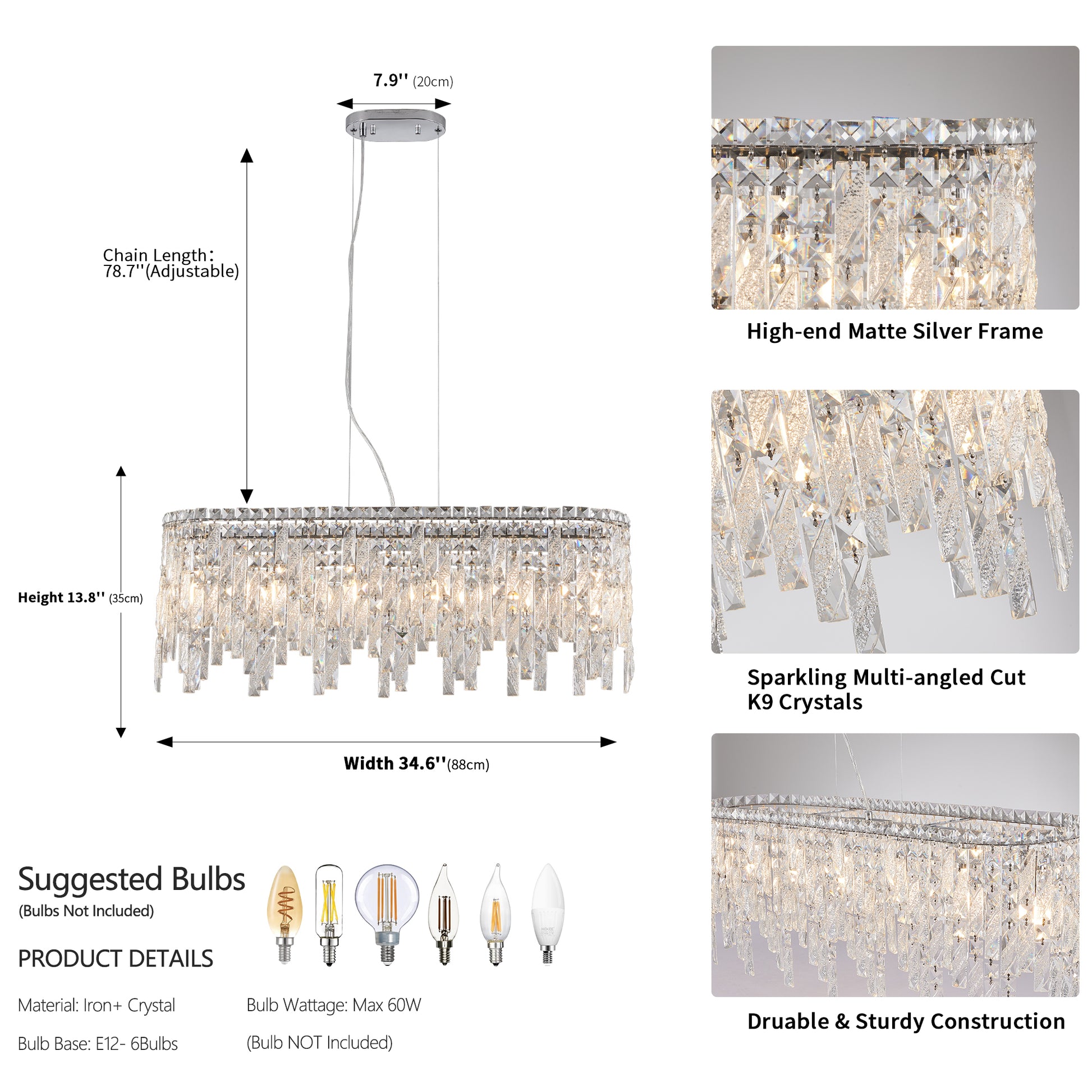 Silver Elegant Oval Crystal Chandelier, Modern Ceiling Light Fixture With Reflective Hanging Crystals For Dining Room, Living Room, And Foyers Bulbs Not Included Silver Clear Crystal Iron