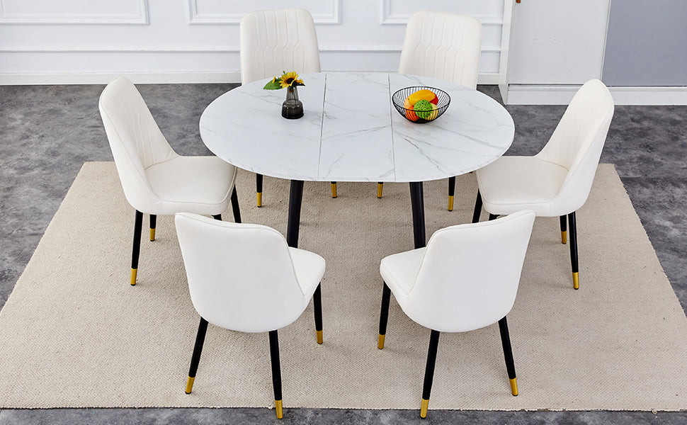 Table And Chair Set.Modern Extendable Mdf Dining Table.The Table Has A Telescopic Design, Suitable For Gatherings Of Different Size.Paired With 6 Chairs With Pu Cushions And Black Metal Legs. White Black Seats 6 Mdf Metal