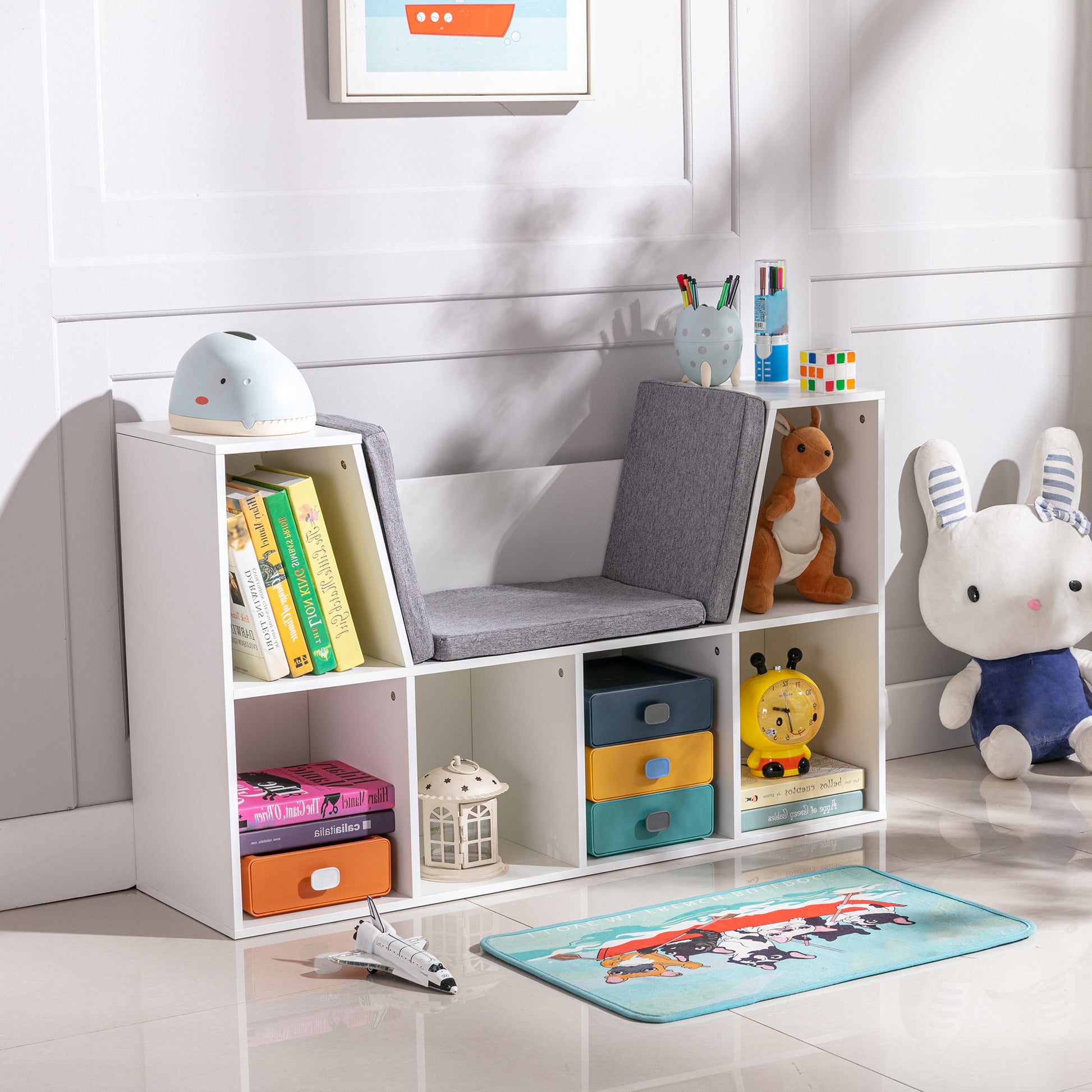 Homcom 6 Cubby Kids Bookcase With Reading Nook And Cushion, Multi Purpose Storage Organizer For Bedroom, Living Room, Pure White White Mdf