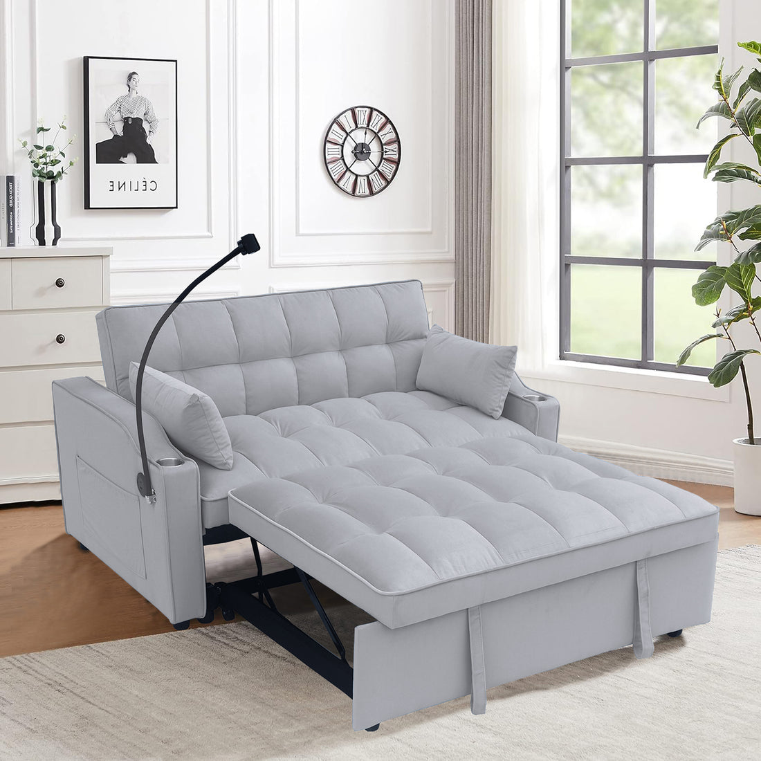 Modern Velvet Loveseat Futon Sofa Couch W Pullout Bed,Small Beautiful Seat Lounge Sofa With Adjustable Reclining Backrest,Toss Pillows, Pockets,Furniture For Living Room,3 In 1 Convertible Sleeper Sofa Bed Full Light Gray Velvet