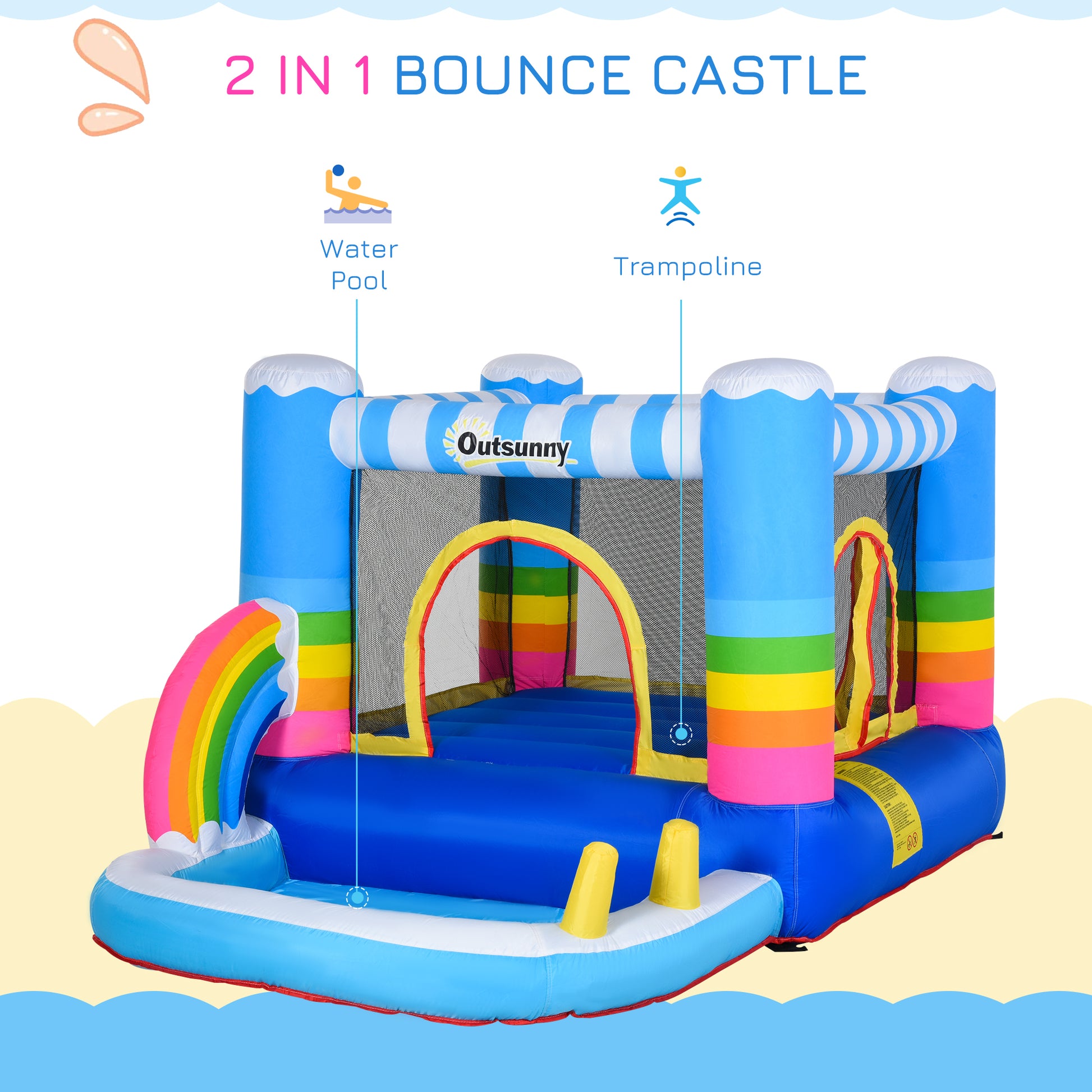 Outsunny Inflatable Bounce House For Kids 2 In 1 Jumping Castle For Indoor Outdoor Party With Trampoline, Pool, Carry Bag & Air Blower Multi Oxford Fabric