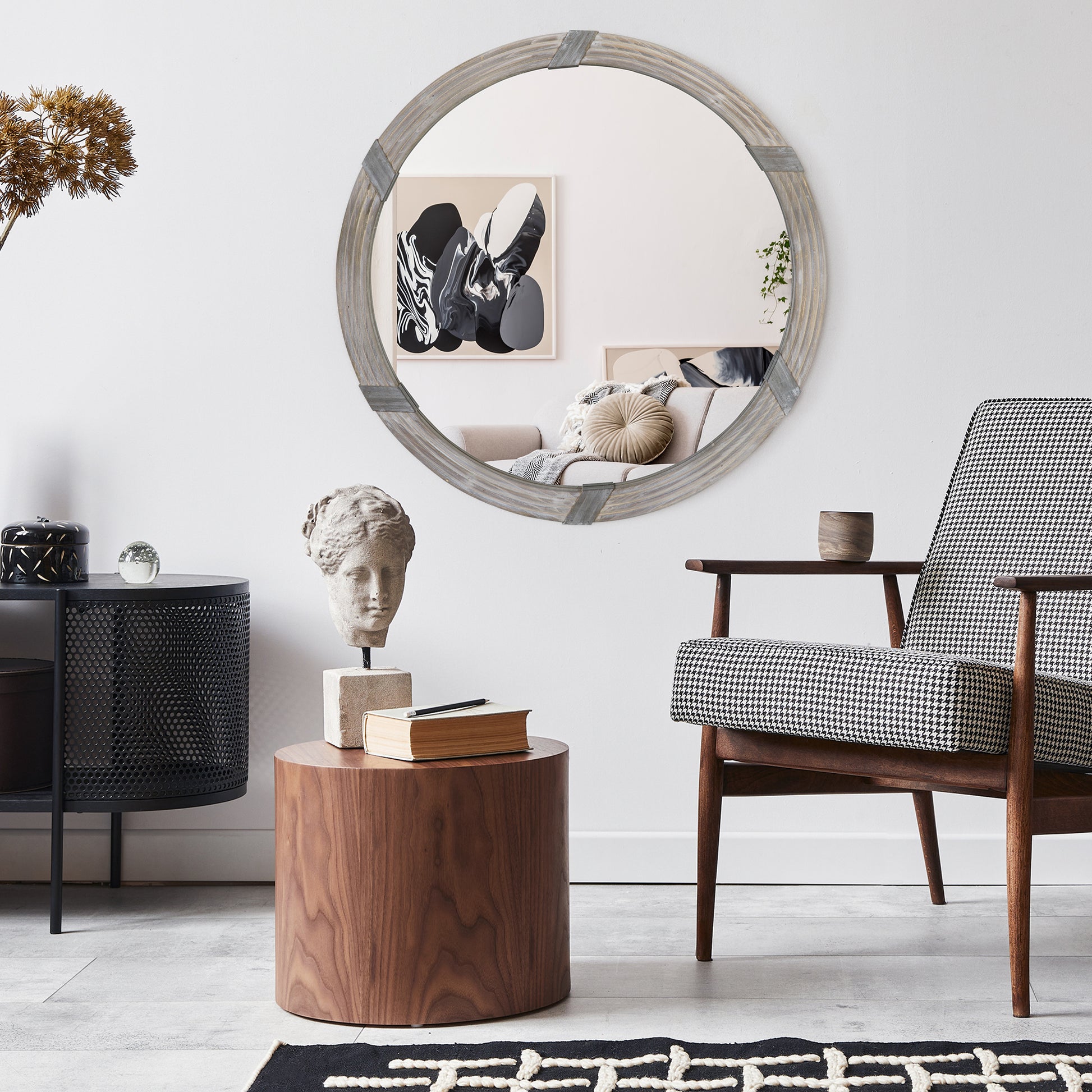 Homcom 30.75" Wood Wall Mirror, Farmhouse Decorative E Round Mirror For Wall Decor In Living Room, Bedroom, Natural Wood Color Natural Wood Mdf