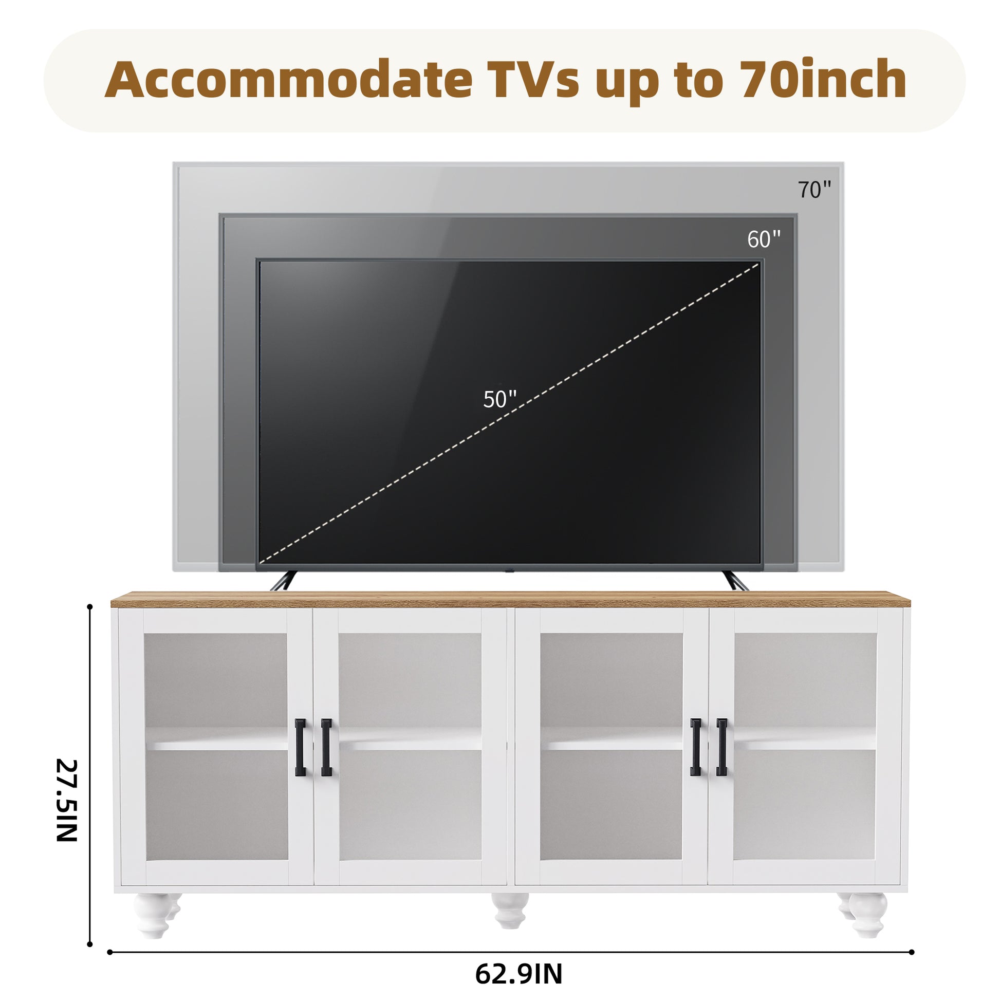 Farmhouse Tv Stand With Solid Wood Gourd Shaped Legs For Tvs Up To 70", Entertainment Center With Bookshelves & Tempered Glass Doors, Media Console With Adjustable Shelves, Living Room, White White