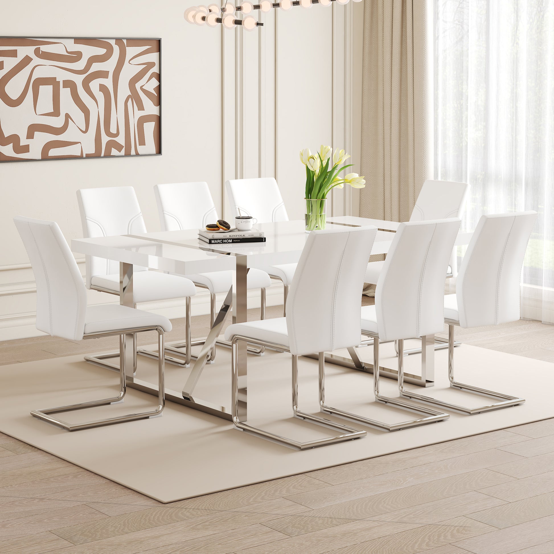 Table And Chair Set.71"X39.3" White Mdf Painting Dining Table Set With 8 White Pu Chairs.Showcasing A Modern And Stylish Look.Suitable For Dining Room.Mdf Painting,Iron Pipe Plating,Pu Chiairs.