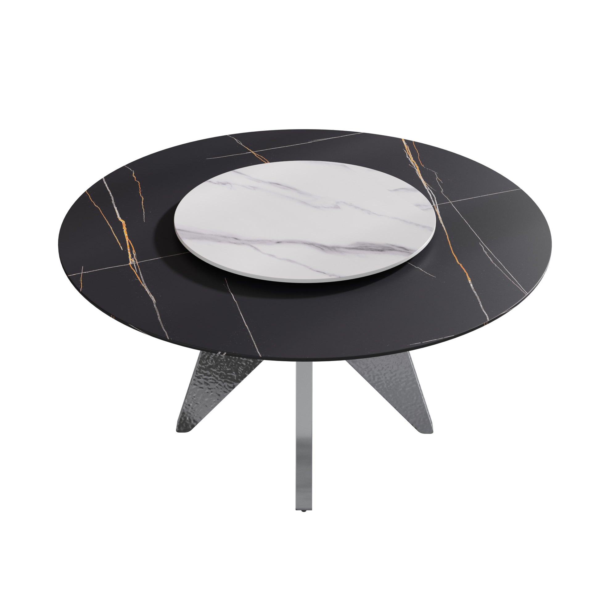 59.05" Round Marble Dining Table With Silver Stainless Steel Design Base, Artificial Marble For 6 8 People, 31.5"White Artificial Stone Turntable,White&Black Dining Table Only Black,Silver,White