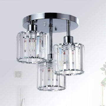 Semi Flush Mount Ceiling,3 Light Kitchen Mount,Hallway Light Fixtures Ceiling With Clear Crystal Shades For Kitchen Entryway Bedroom Bathroom Foyer Silver Crystal