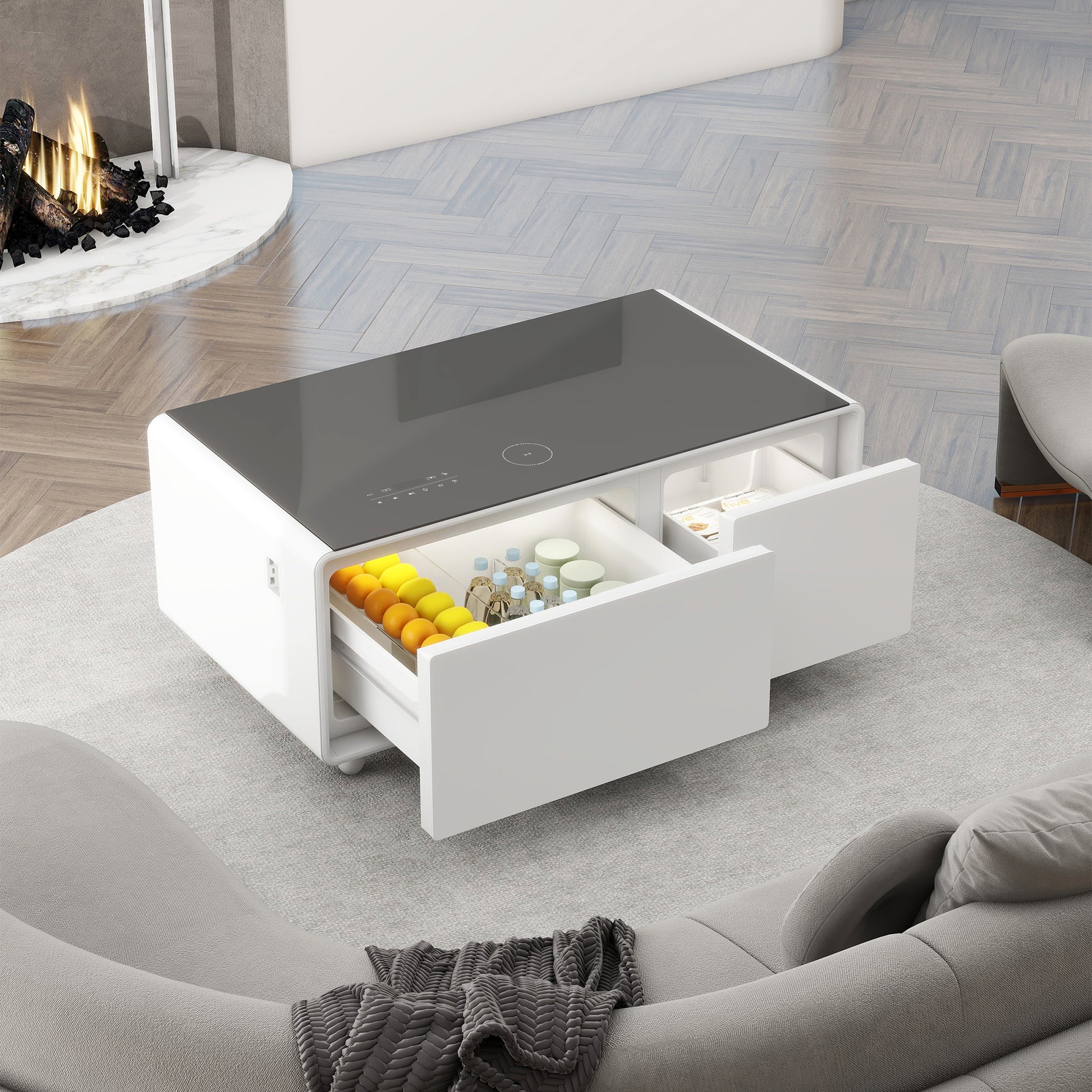 Modern Smart Coffee Table With Built In Fridge, Bluetooth Speaker, Wireless Charging, Touch Control Panel, Usb Ports, Outlet Protection, Atmosphere Light, Black Black White Built In Outlets Or Usb Primary Living Space Freestanding Rectangular Drawers