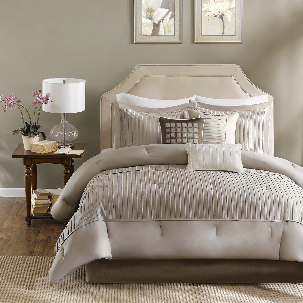 7 Piece Polyester Charmeuse Comforter Set Taupe King King Taupe Polyester