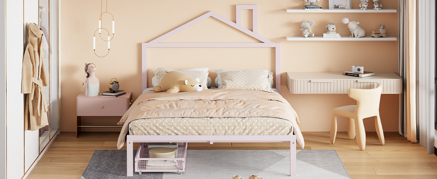 Full Size Metal Platform Bed With Two Drawers,House Shaped Headboard Design, Pink Full Pink Metal