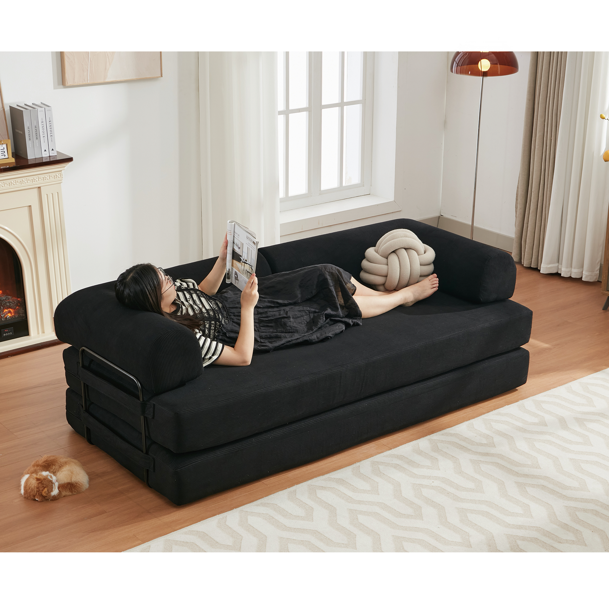 Arrived 78.5" Folding Convertible Out Sleeper Sofa Bed,4 In 1 Diy Combination Convertible Sofa,3 Seat, Folding Sofa, King Sizebedroom,Apartment,Corduroy,Green,Black Black Polyester Primary Living