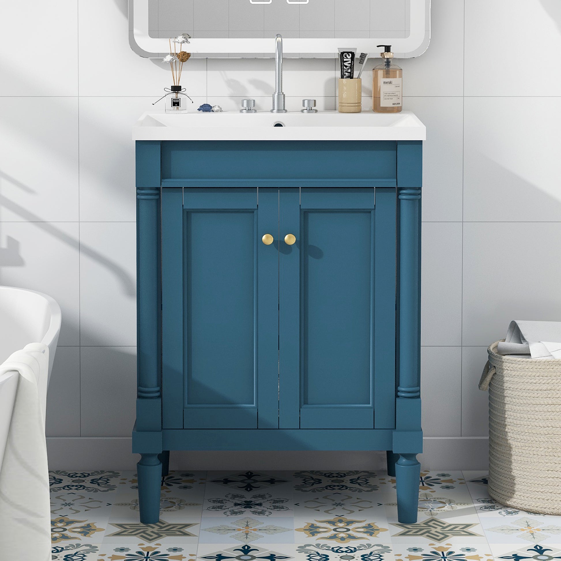 24'' Bathroom Vanity With Top Sink, 2 Tier Modern Bathroom Storage Cabinet, Single Sink Bathroom Vanity, Large Storage Shelves Blue 2 1 Adjustable Hinges Freestanding Modern Solid Wood Mdf Resin Painted