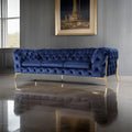 Reno Joni 97 Inch Modern Sofa, Chesterfield, Velour Fabric, Blue, Gold Blue Fabric Metal 3 Seat