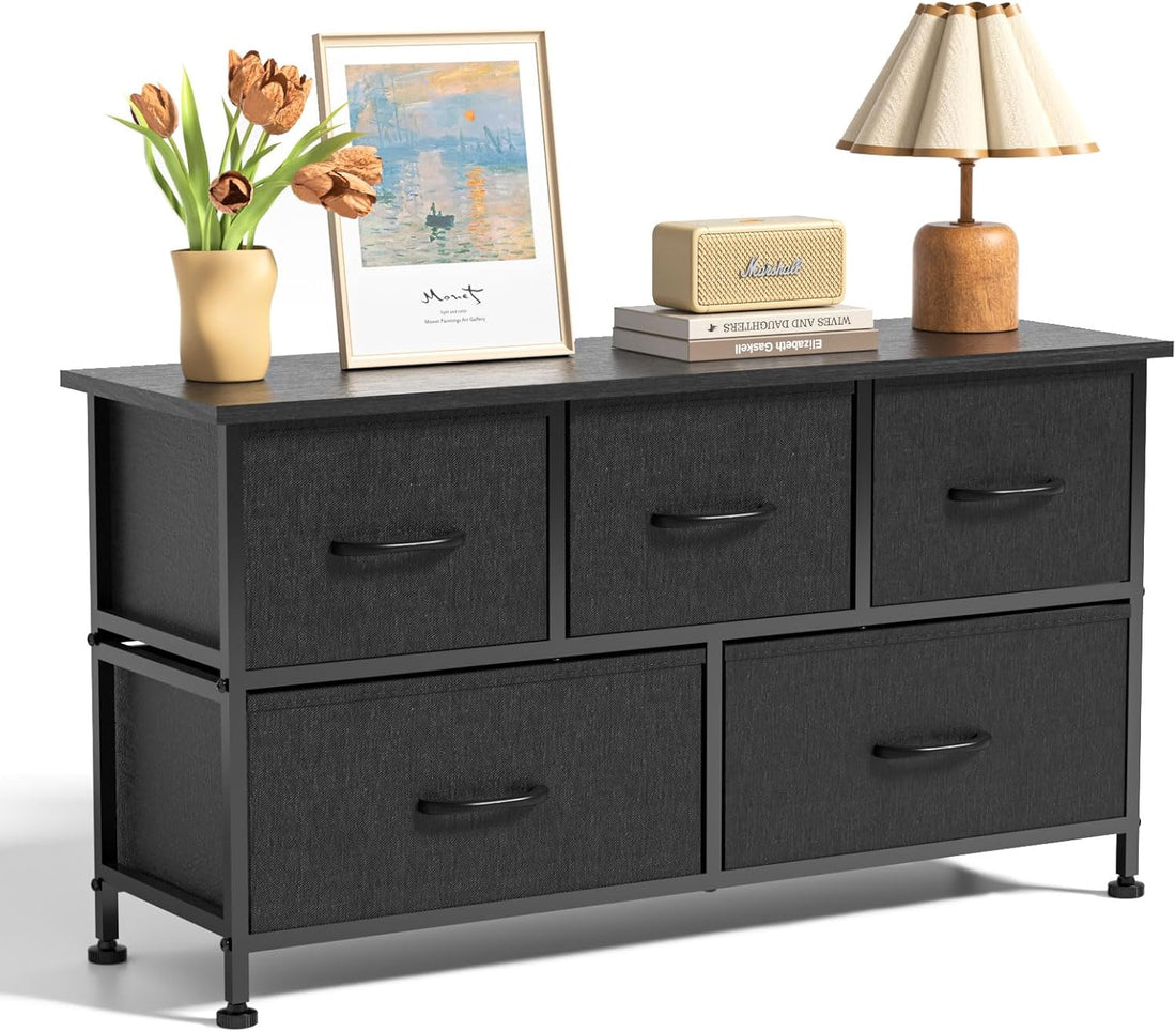 5 Drawers Dresser For Bedroom, Kidsroom Furniture, Wide Chest Of Drawers, Storage Organizer Units With Fabric Bins For Closet, Entryway, Metal Frame, Waterproof Wood Top, Adjustable Feet Black Wood