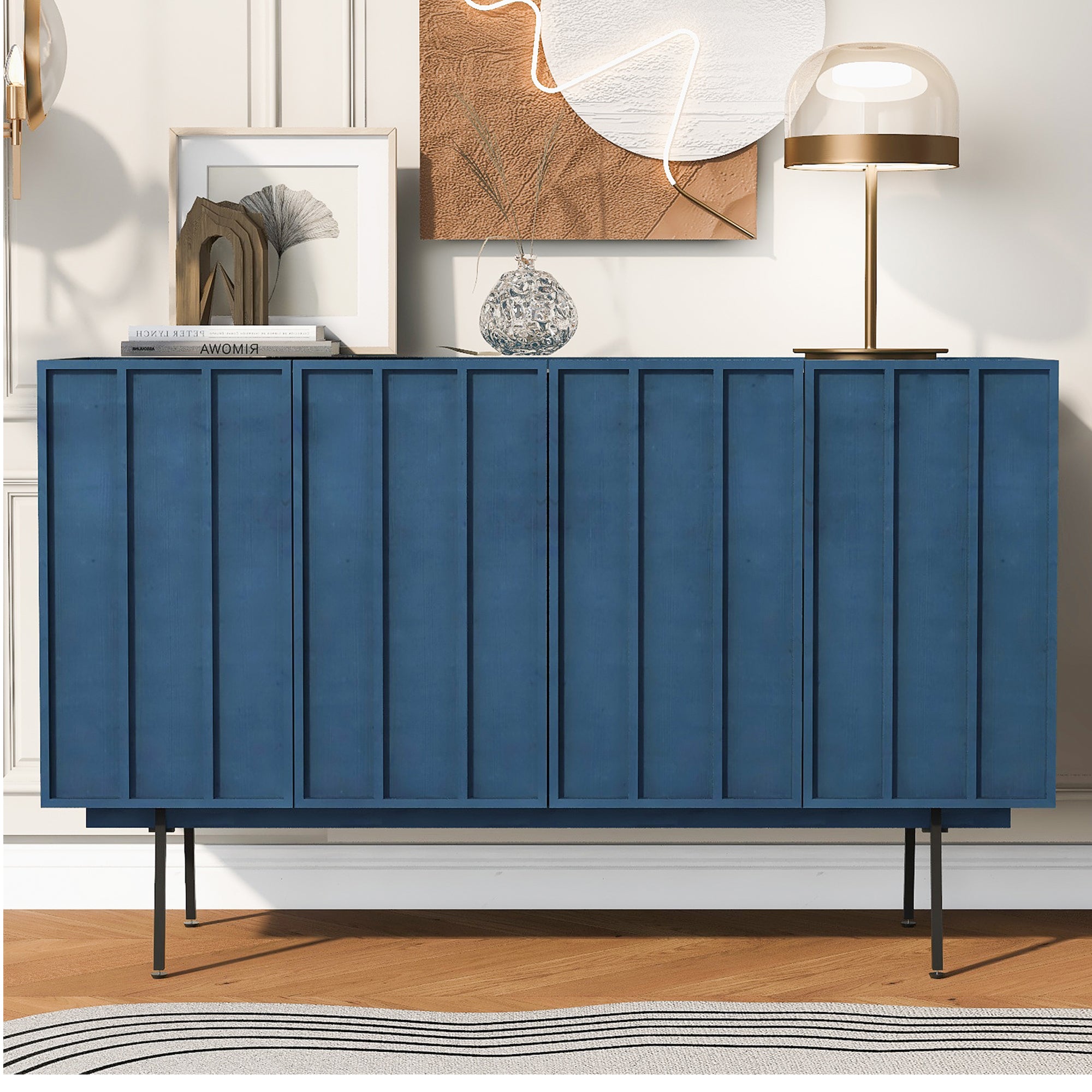 Modern Cabinet With 4 Doors, Suitable For Living Rooms, Entrance And Study Rooms. Navy Blue Mdf