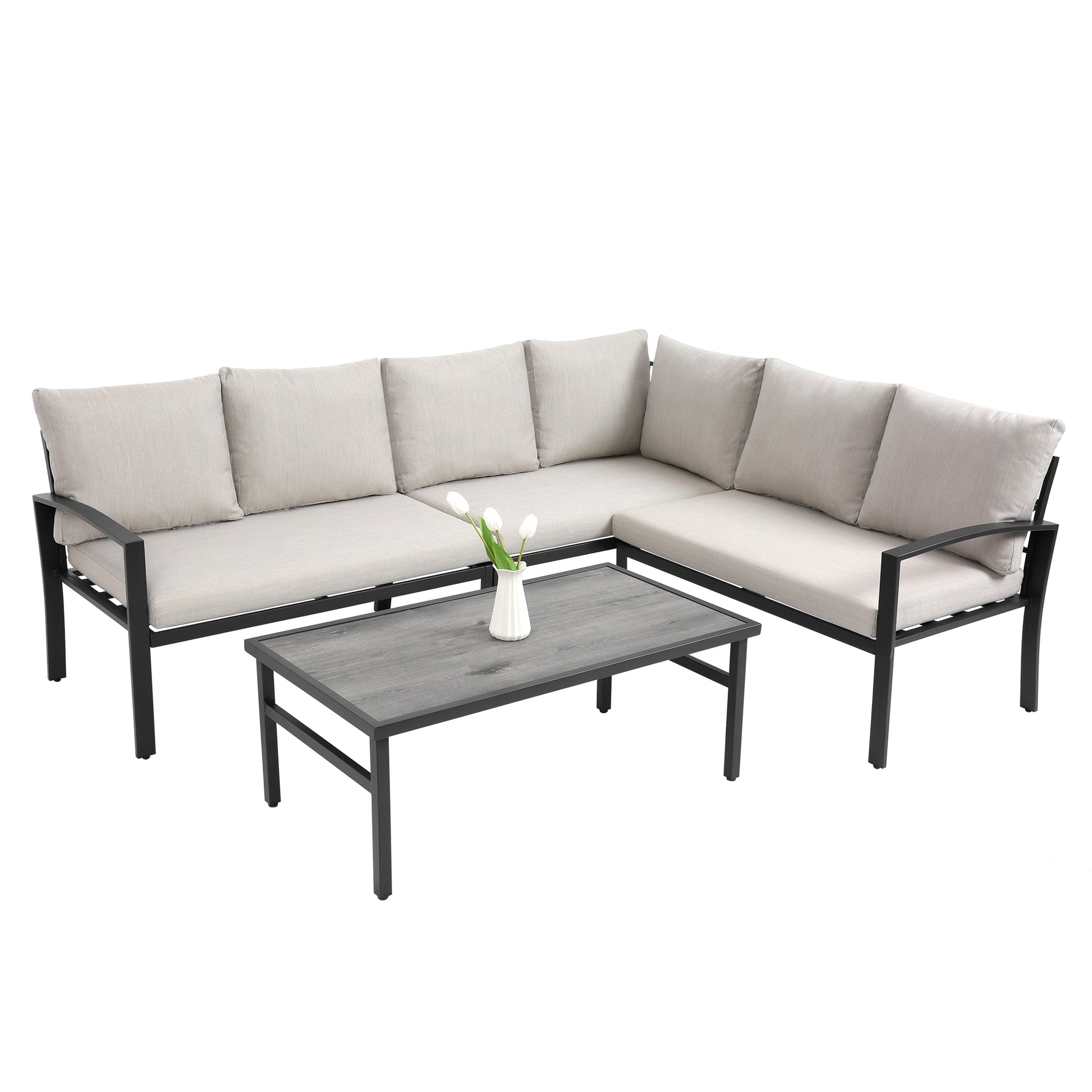 Grand Patio 4 Piece Patio Furniture Set, All Weather Outdoor Conversation Set Sectional Sofa With Water Resistant Beige Thick Cushions And Coffee Table Beige Cotton Steel