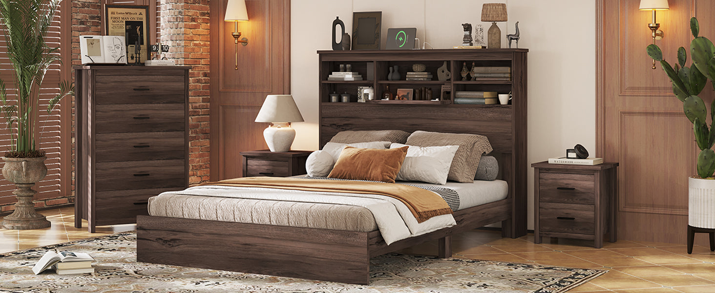 4 Pieces Bedroom Sets Queen Size Vintage Wooden Bed Frame With 2 Nightstands And 1 Dresser,Dark Walnut Box Spring Not Required Queen Walnut 4 Piece Set American Traditional Solid Wood Mdf