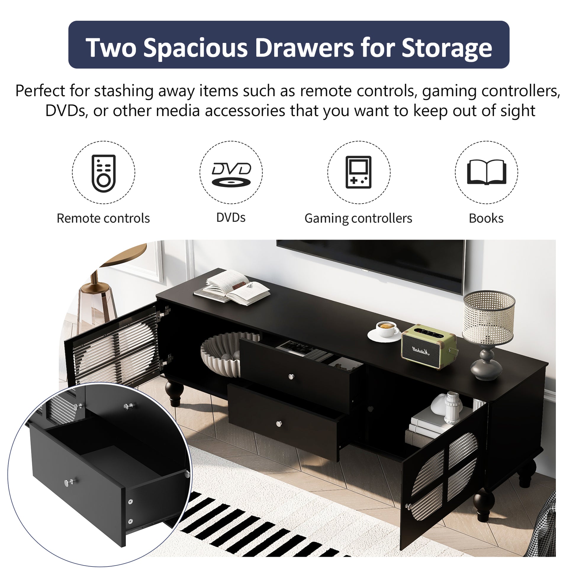 68.9'' Modern Tv Stand For Tvs Up To 75 Inches, Entertainment Center Media Console With Fluted Glass Doors, Five Solid Wood Legs For Living Room Black 70 79 Inches Mdf