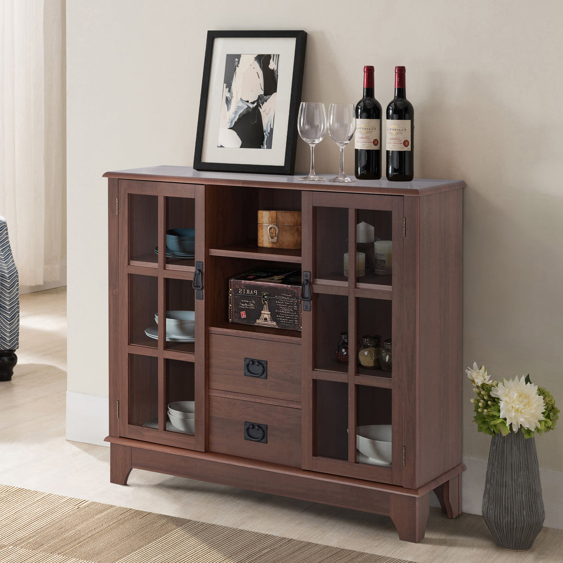 Walnut 2 Door Server With 2 Drawer Walnut Dining Room Open Storage Wood Glass