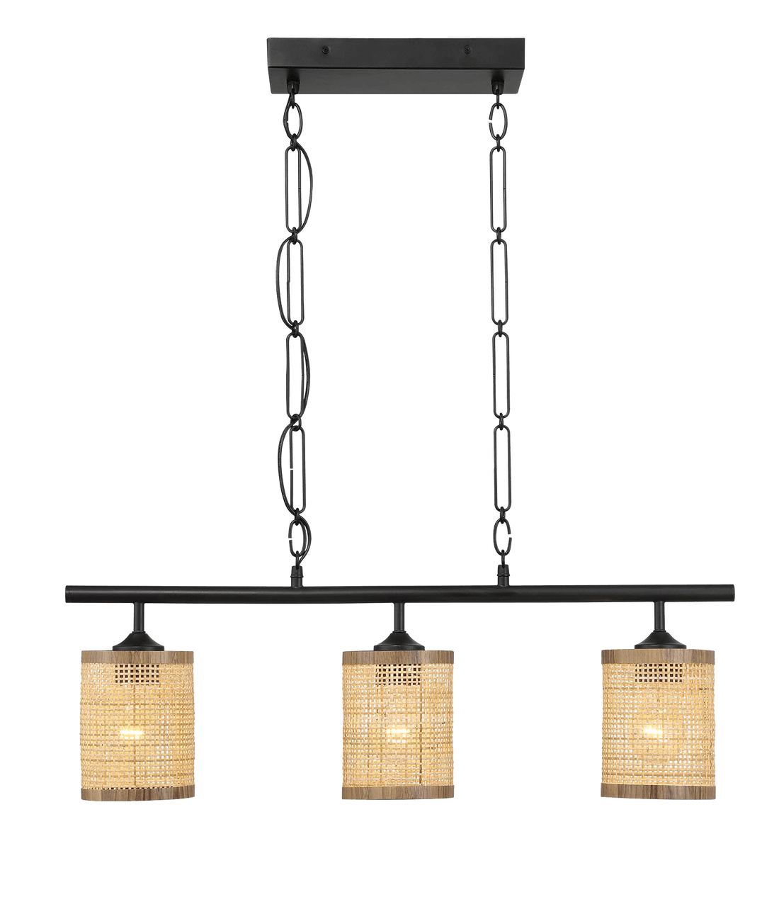 Elysian Three Lights Island With Natural Rattan Shade Farmhouse Chain Ceiling Lamp Black,Rattan Metal,Rattan,Rattan Metal