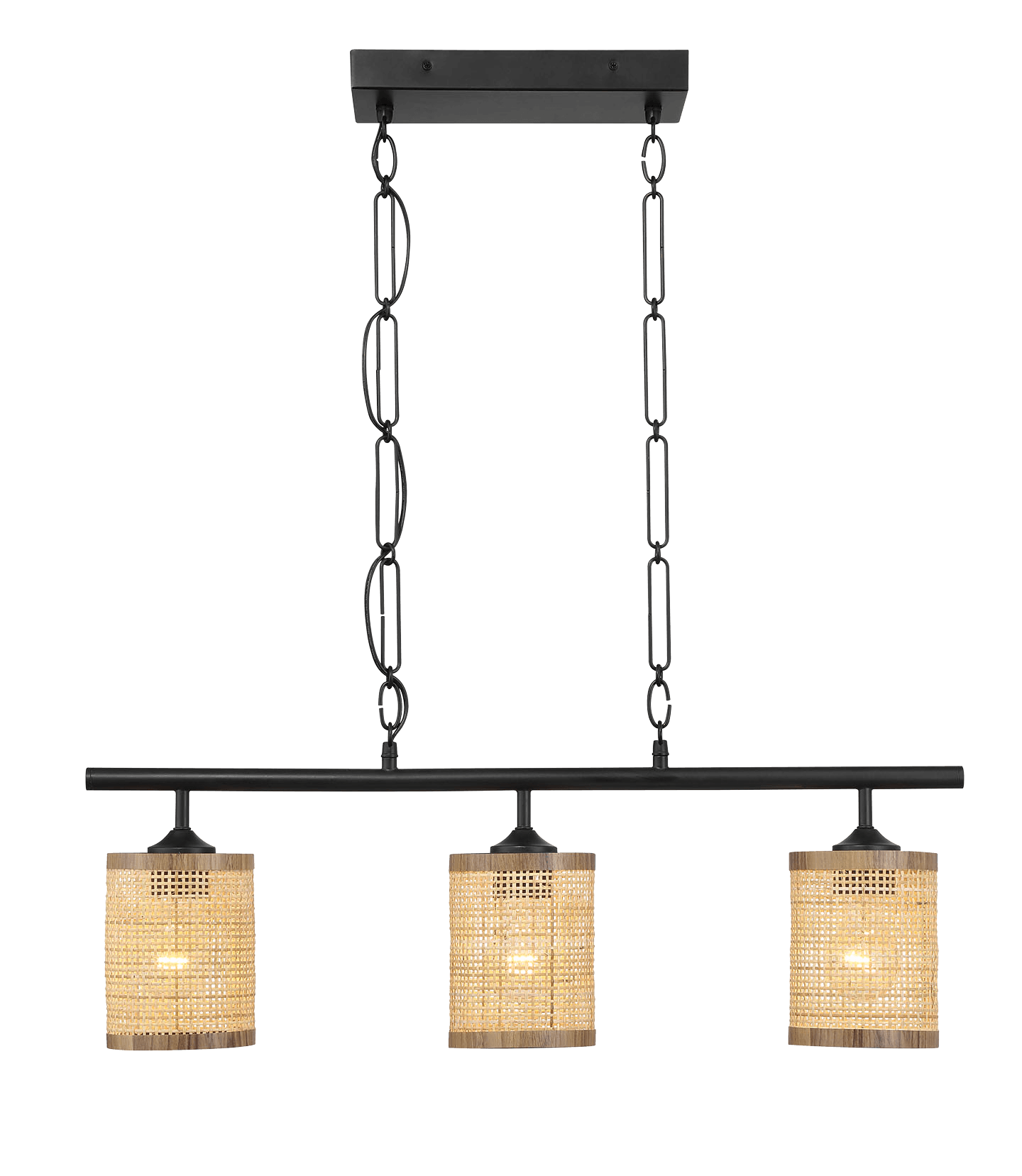 Elysian Three Lights Island With Natural Rattan Shade Farmhouse Chain Ceiling Lamp Black,Rattan Metal,Rattan,Rattan Metal