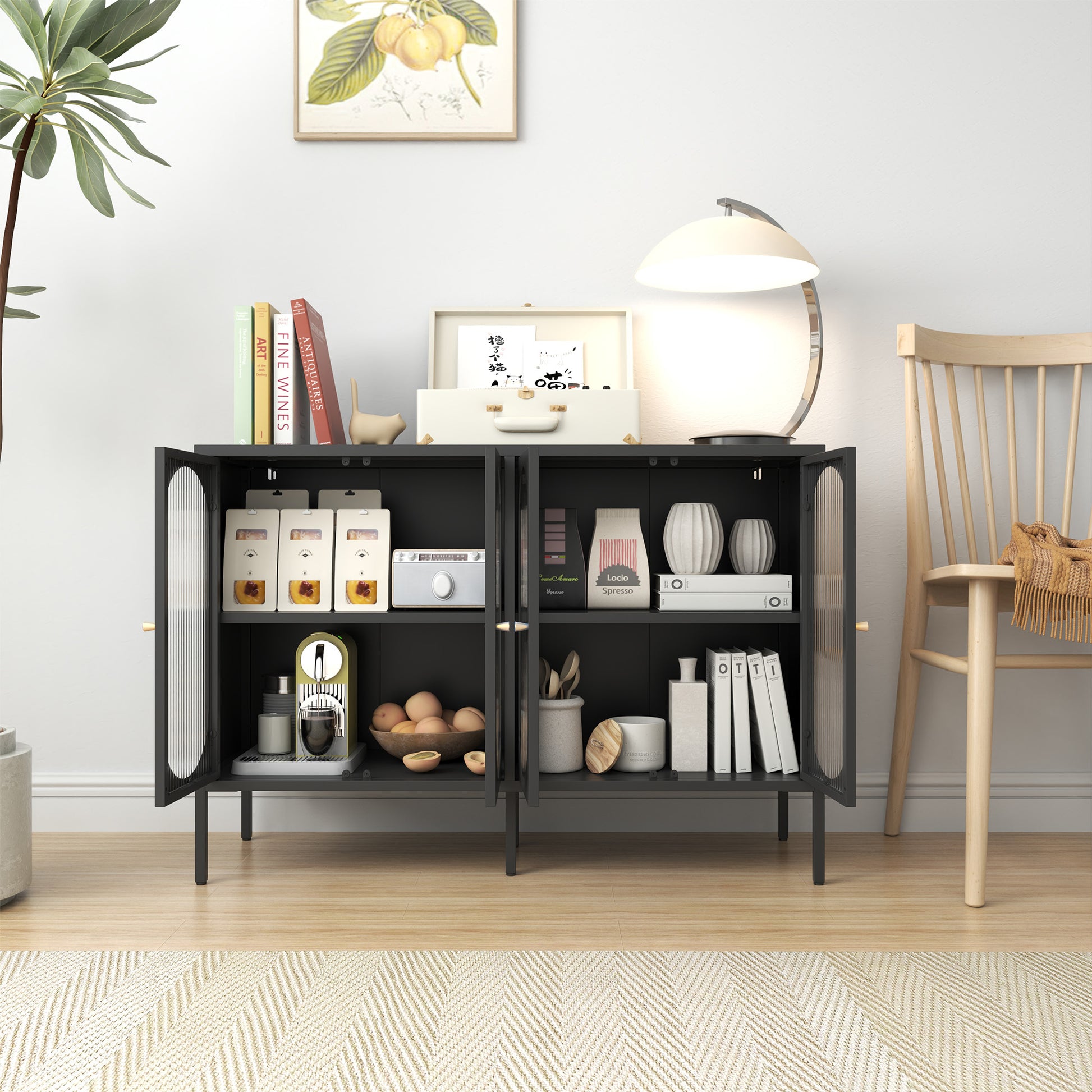 Metal Sideboard Cabinet With 4 Glass Door, Steel Locker Sideboard Buffet Cabinet, Sideboard Buffet Cabinet With 4 Doors, Kitchen Storage Cabinet, Coffee Bar Cabinet For Kitchen, Living Room, Black
