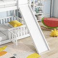 Twin Over Twin Floor Bunk Bed With Slide, Ladder, Door, Safety Guardrails, Solid Pine Wood Bunk Bed ,White Twin White Pine
