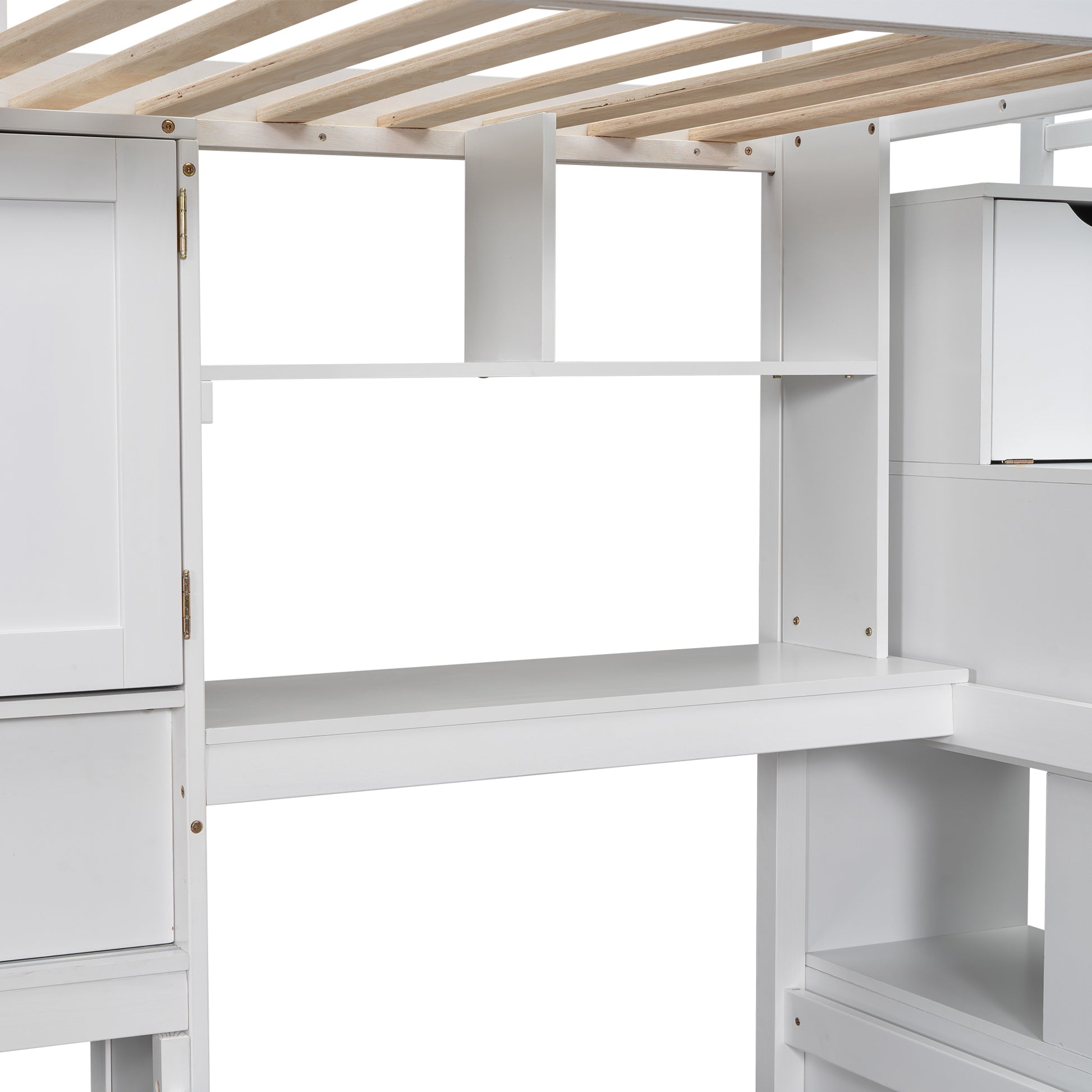 Twin Over Twin Loft Bed With Built In Desk And Staircase, With Storage Compartments And Shelves, White Twin Box Spring Not Required White Wood Pine