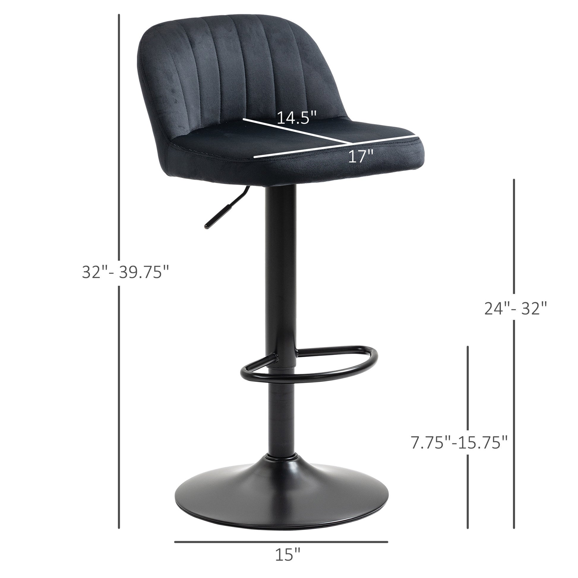 Homcom Adjustable Bar Stools Set Of 2, Velvet Counter Height Barstool, Upholstered Kitchen Stool With Swivel Seat, Steel Frame, Footrest For Kitchen Counter And Dining Room, Black Black Polyester