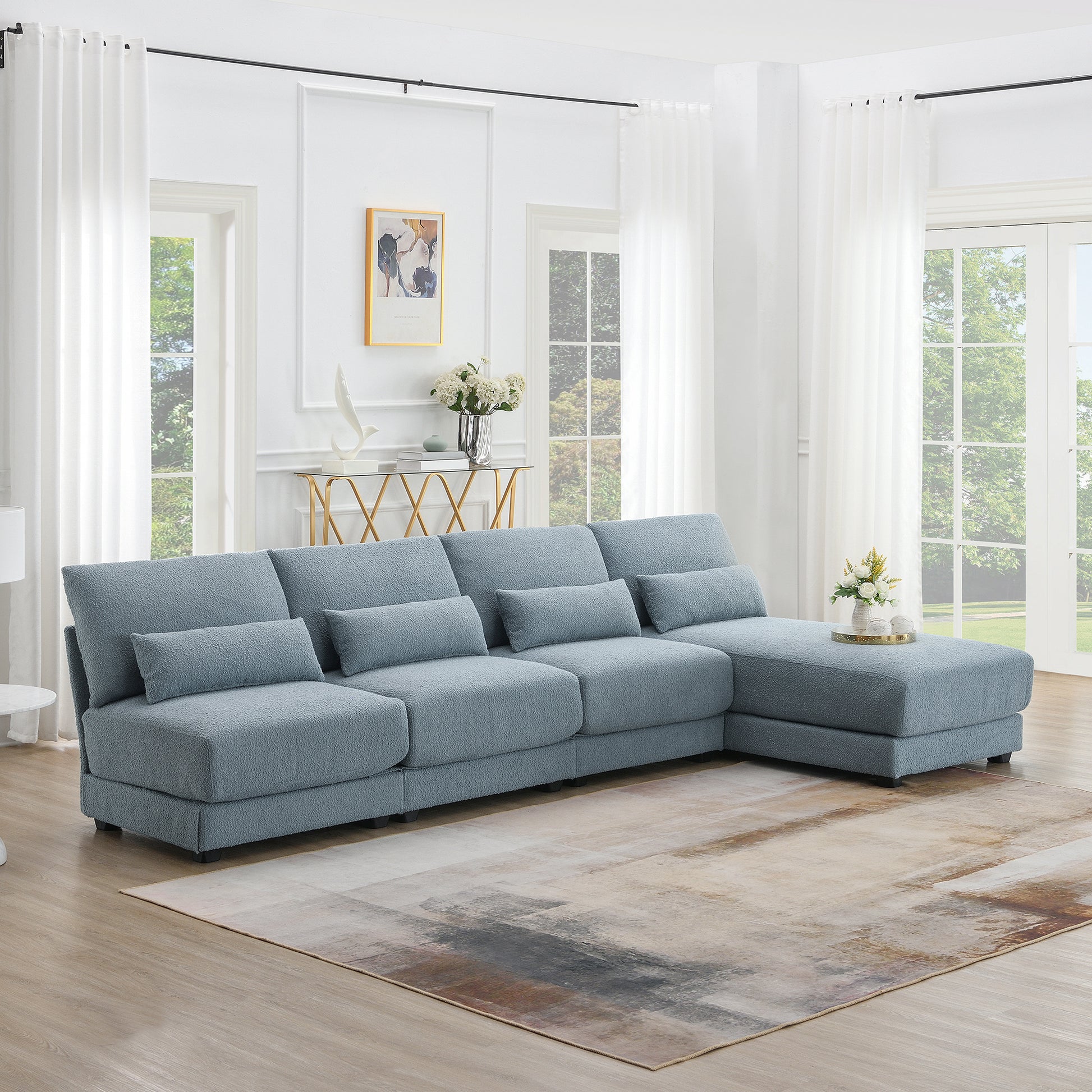 120*61" Oversized Deep Seat Sectional Sofa With Reversible Chaise,Loop Yarn Fabric 5 Seat Armless Indoor Furniture,Convertible L Shaped Couch For Living Room,Apartment,3 Colors Blue Fabric 5 Seat