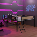 Single Metal Loft Bed With Rectangular Desk, Led Lights, Led Loft Bed Frame Double Bed With Storage Shelves And Hanging Storage Compartments, Safety Guard And Ladder, No Box Springs Required, Rattan G Full Black Brown Mdf Iron