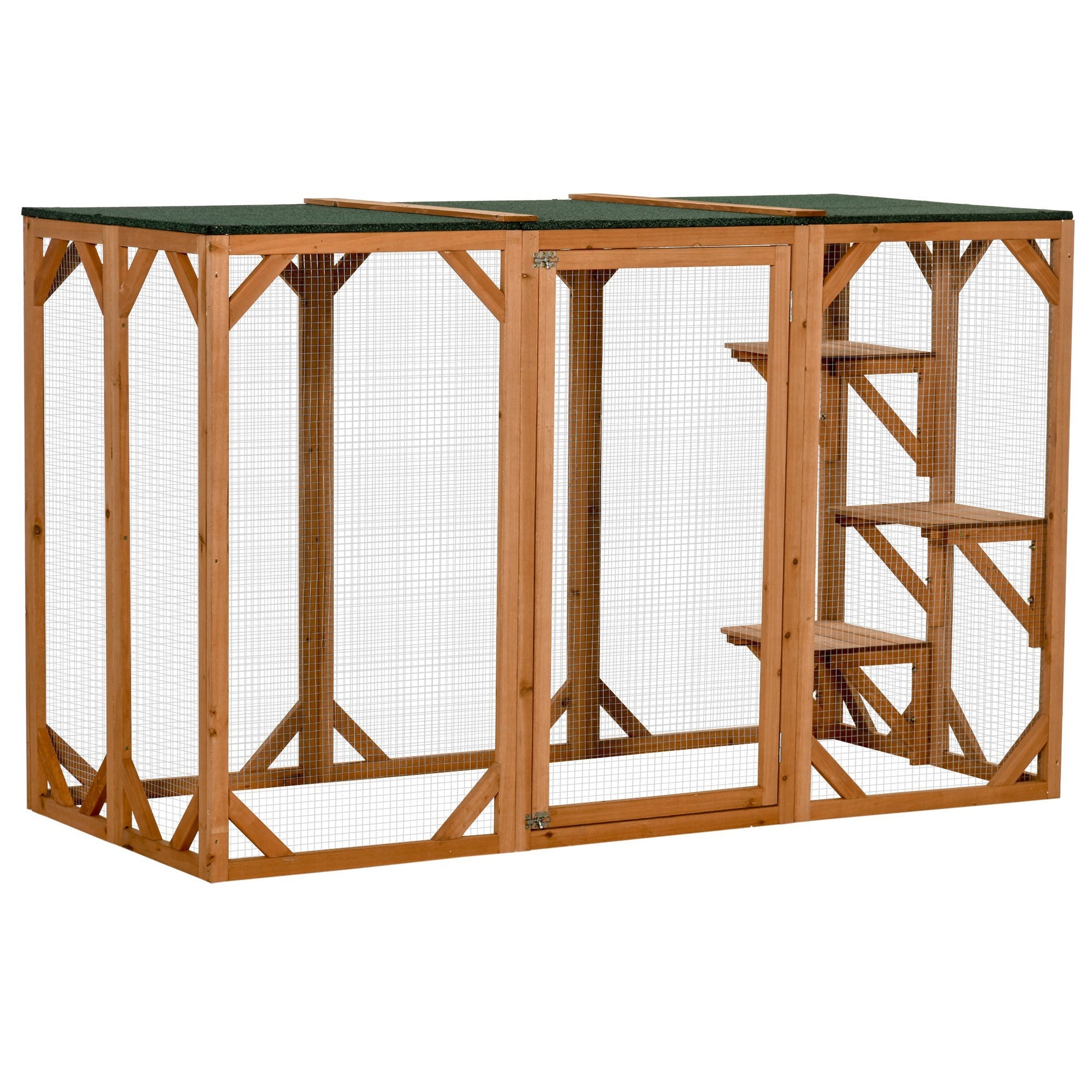 Pawhut Outdoor Cat House, Catio Wooden Feral Cat Shelter, Cat Cage With Platforms, Large Enter Door, Weather Protection Asphalt Roof, 71" L, Orange Orange Wood