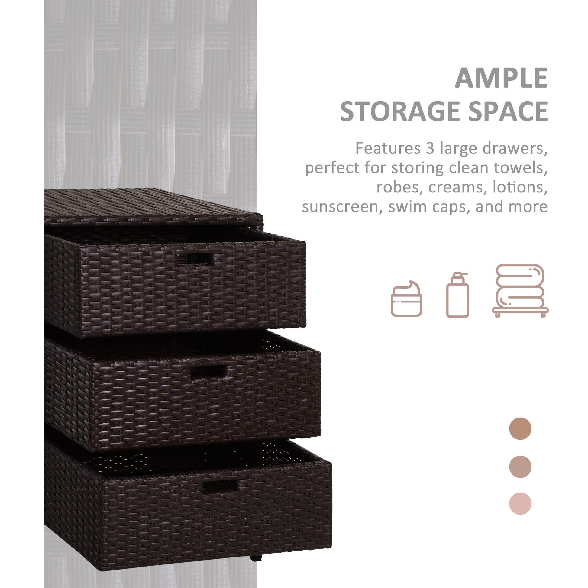 Outsunny Outdoor Towel Cabinet, Pe Rattan Pool Storage Organizer, Freestanding Outdoor Towel Rack For Pool With 3 Drawers And Weather Safe Material, Brown Brown Rattan
