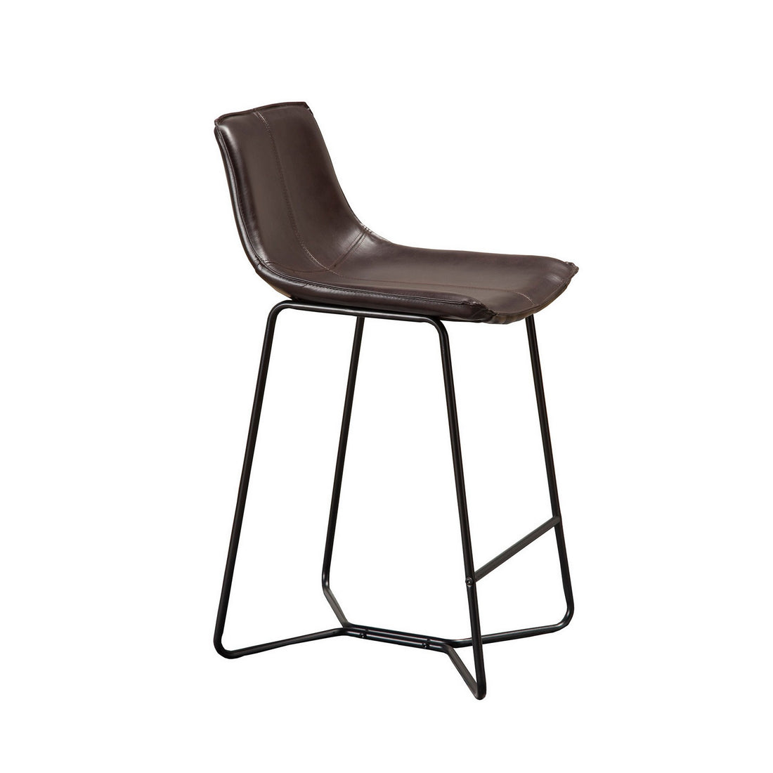 26 Inch Set Of 2 Counter Stool Chairs, Padded Dark Brown Faux Leather Black Brown Fabric Metal