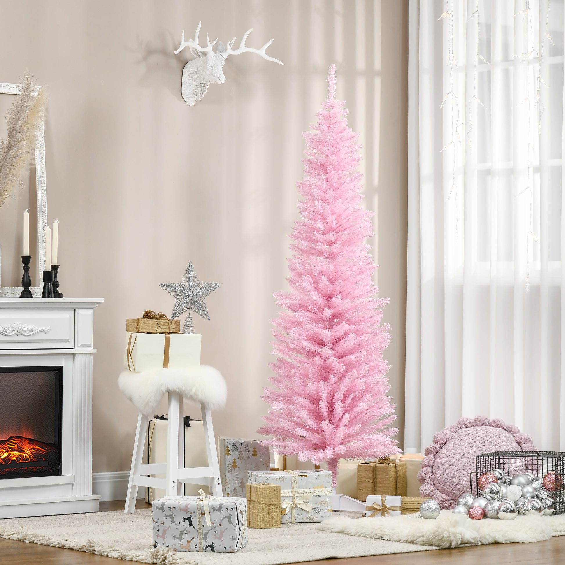 Homcom 6' Artificial Pencil Christmas Tree, Slim Xmas Tree With 390 Realistic Branch Tips And Plastic Stand, Pink Pink Plastic