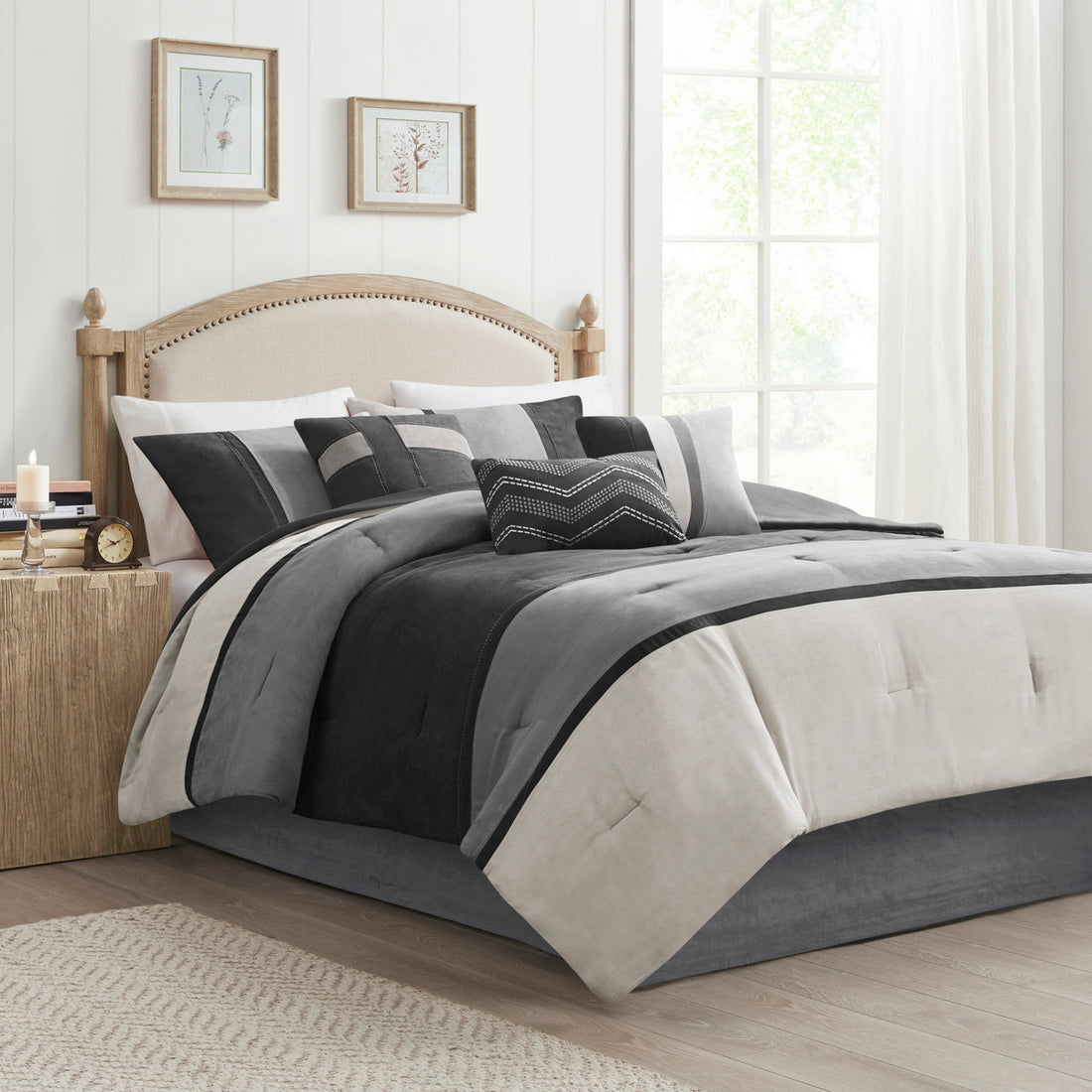 7 Piece Faux Suede Comforter Set Black Queen Queen Black Polyester