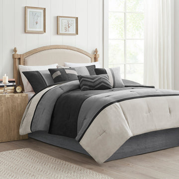 7 Piece Faux Suede Comforter Set Black Queen Queen Black Polyester