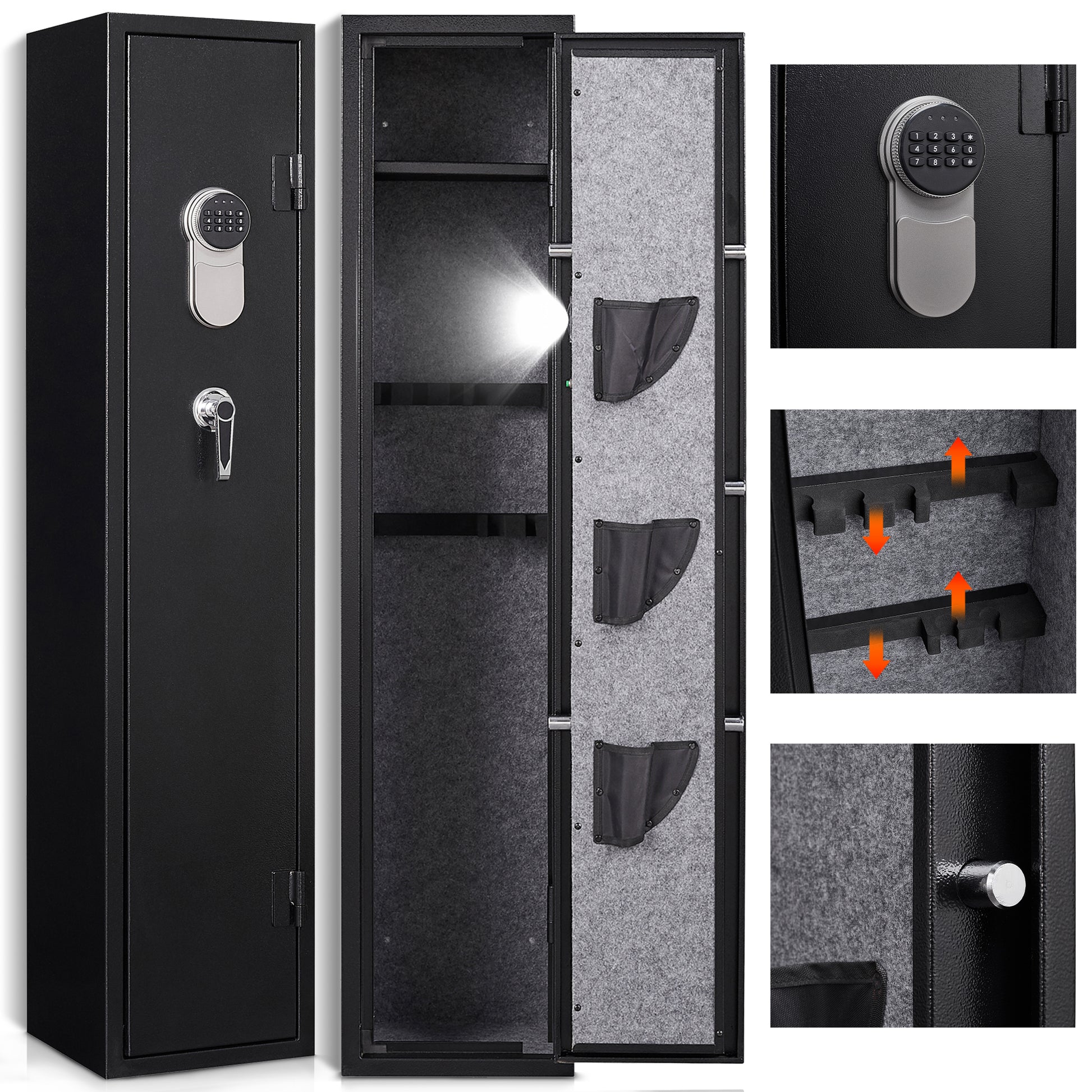 3 5 Safes For Home Rifle And Pistols, Quick Access Safes For Shots, Cabinets With Adjustable Rack, Pockets And Removable Shelf,External Battery Cases And Alarm System Black Steel