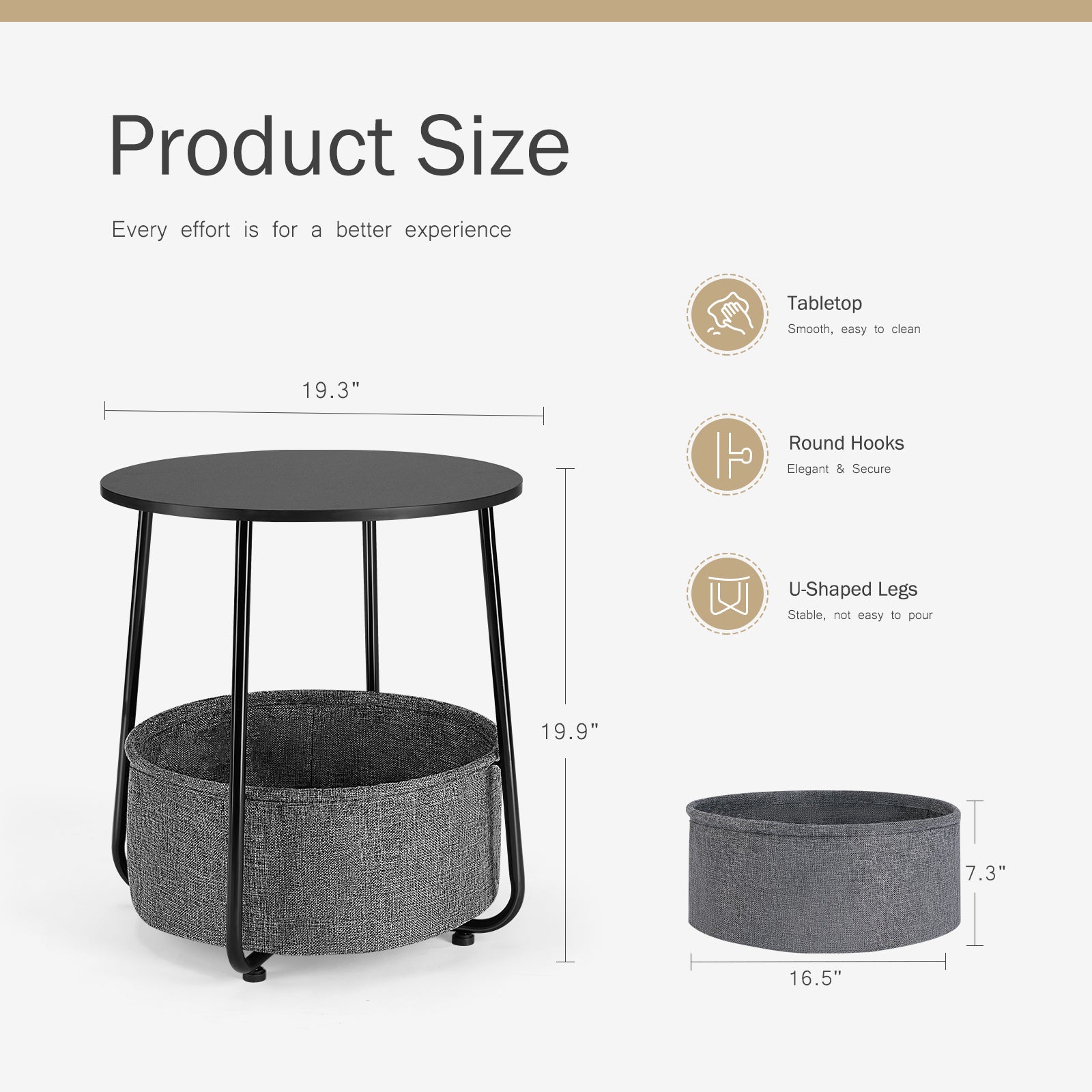 Small Round Side End Table For Living Room, Modern Nightstand Bedside Table With Fabric Basket For Bedroom Nursery, Side Table With Steel Frame Black & Grey Grey Stainless Steel