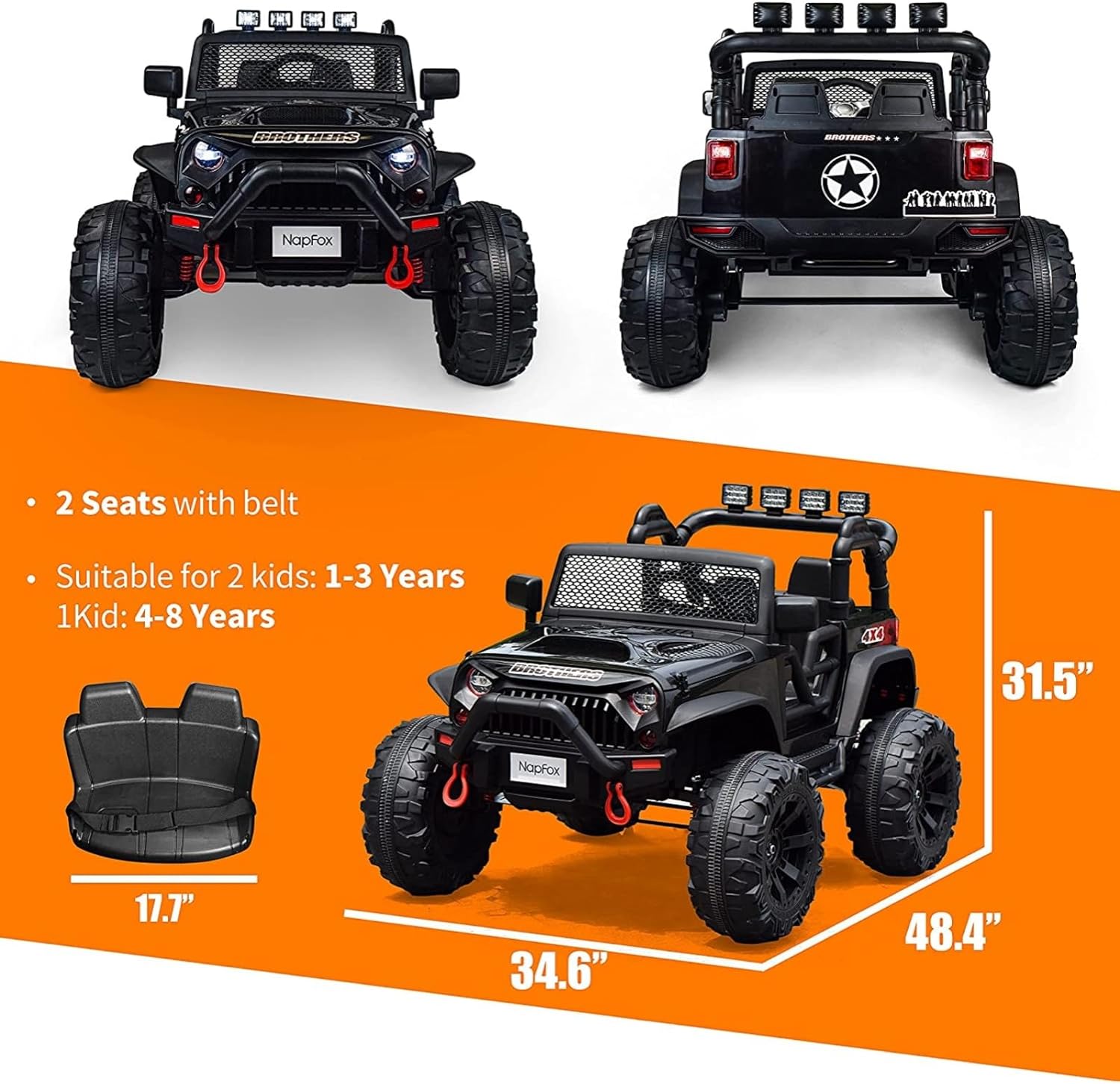 24V Ride On Car Truck With Remote Control, 2 Seater Kids Electric Car, Spring Suspension, 9Ah Battery Powered, 3 Speeds, Double Doors, Music Player Black 50 99 Lbs 5 To 8 Years Abs Rubber Steel Q235