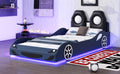 Wood Twin Size Race Car Shaped Platform Bed With Led And Upholstered Backrest, Blue Box Spring Not Required Twin Blue Wood Faux Leather,Solid Wood Mdf