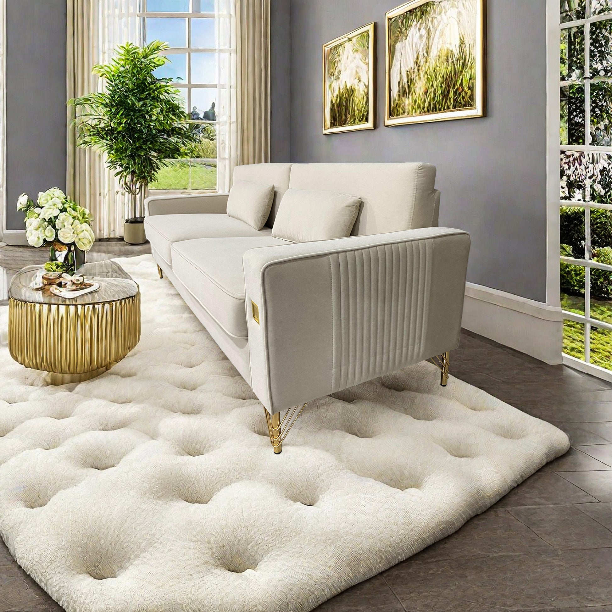 Fx P18 Cw Sofa Luxury Velvet Sofa With Gold Accents Modern 3 Seat Couch With Plush Cushions, Perfect For Living Room And Office Decor Cream White Velvet 2 Seat