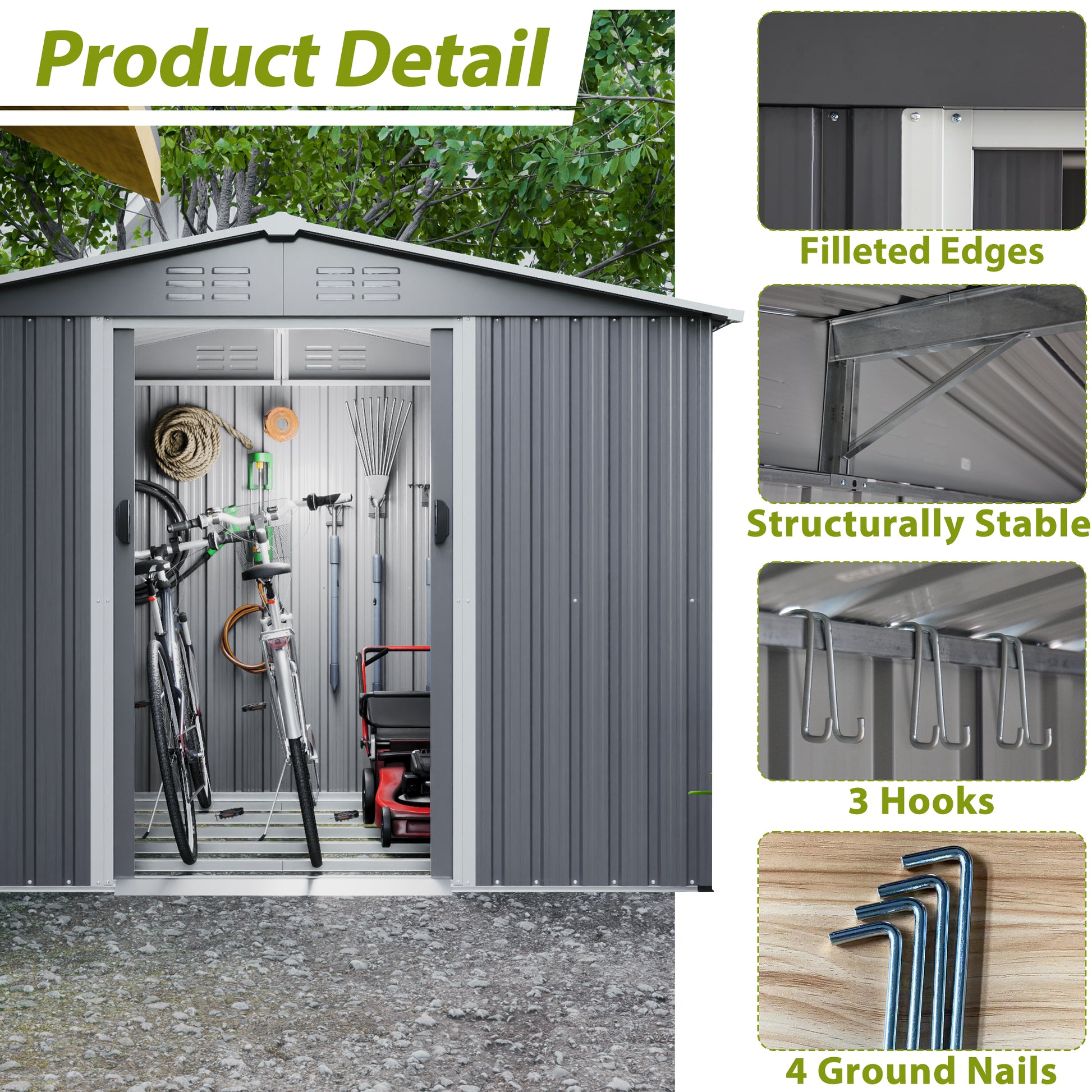 8X6 Ft Outdoor Tool Storage Shed With Metal Foundation & Lockable Doors, All Weather Metal Sheds For Garden, Patio, Backyard, Lawn, Gray Gray Metal