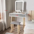 Vanity Table Set With Adjustable Brightness Mirror And Cushioned Stool, Dressing Table Vanity Table With Free Make Up Organizer Grey White Wood